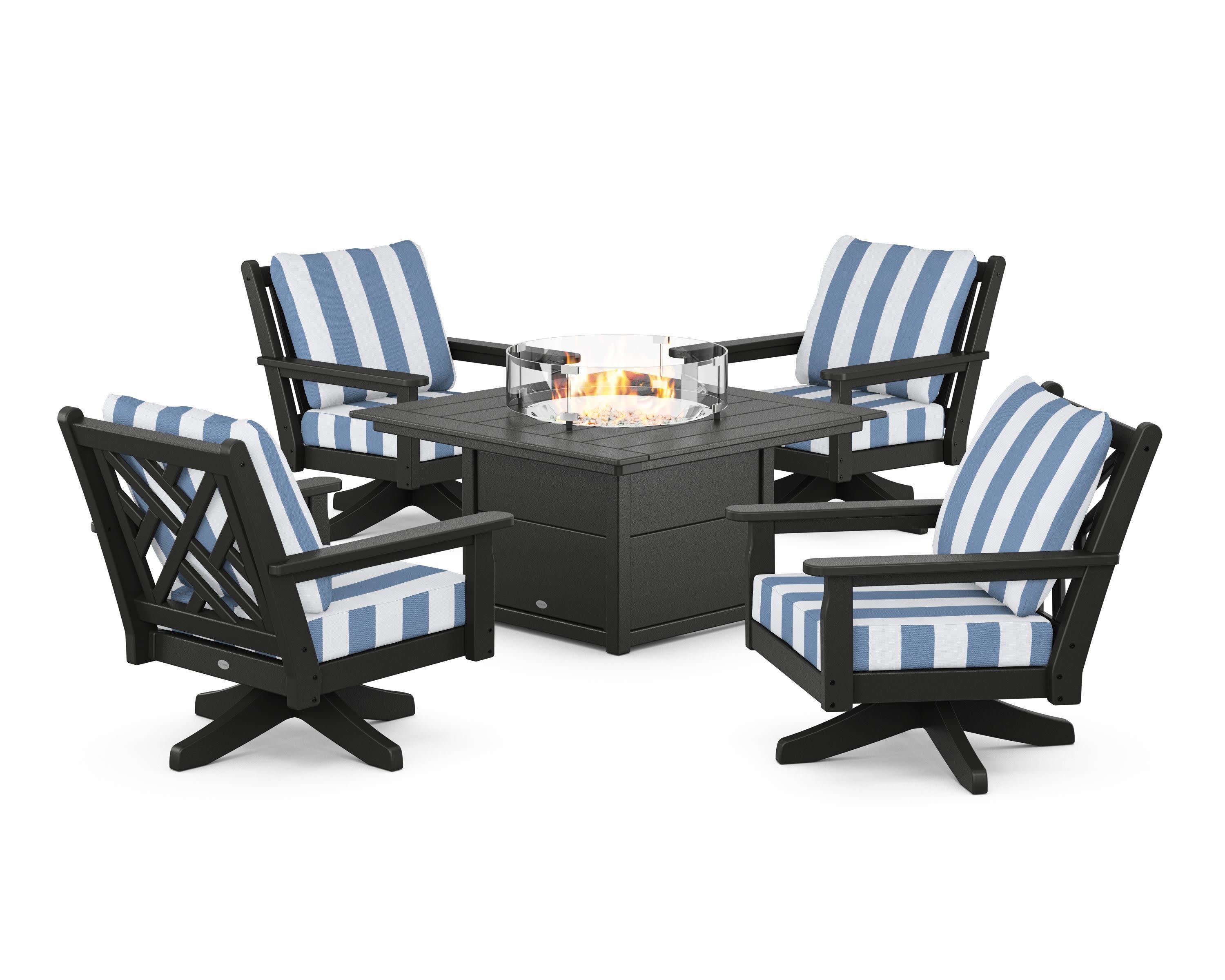 Chippendale 5-Piece Deep Seating Swivel Conversation Set with Fire Pit Table in Black / Cabana Stripe Sky Blue