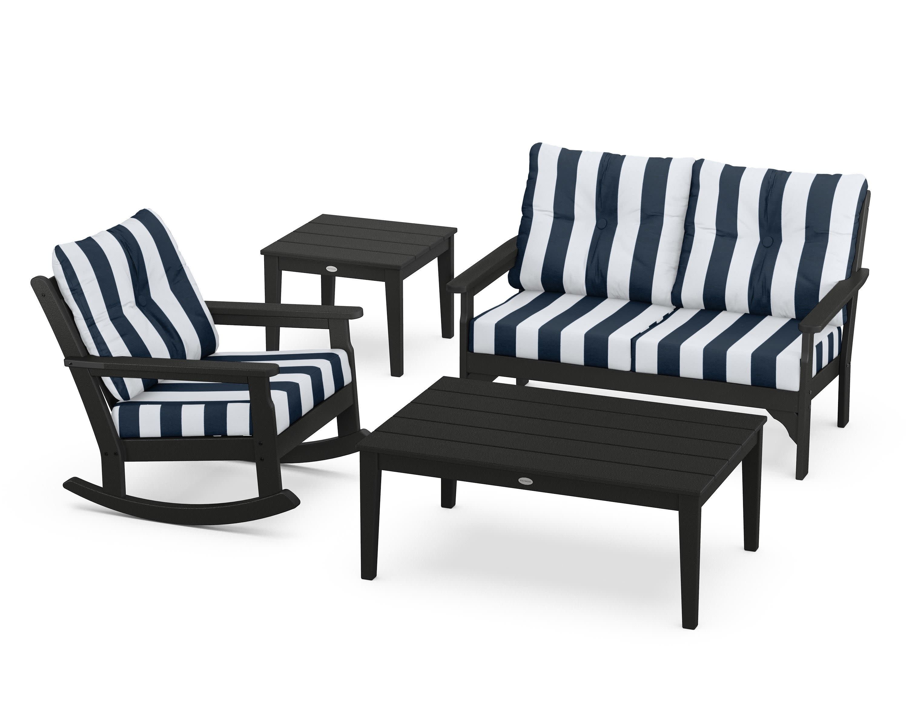 Vineyard 4-Piece Deep Seating Rocker Set in Black / Cabana Stripe Marine Indigo