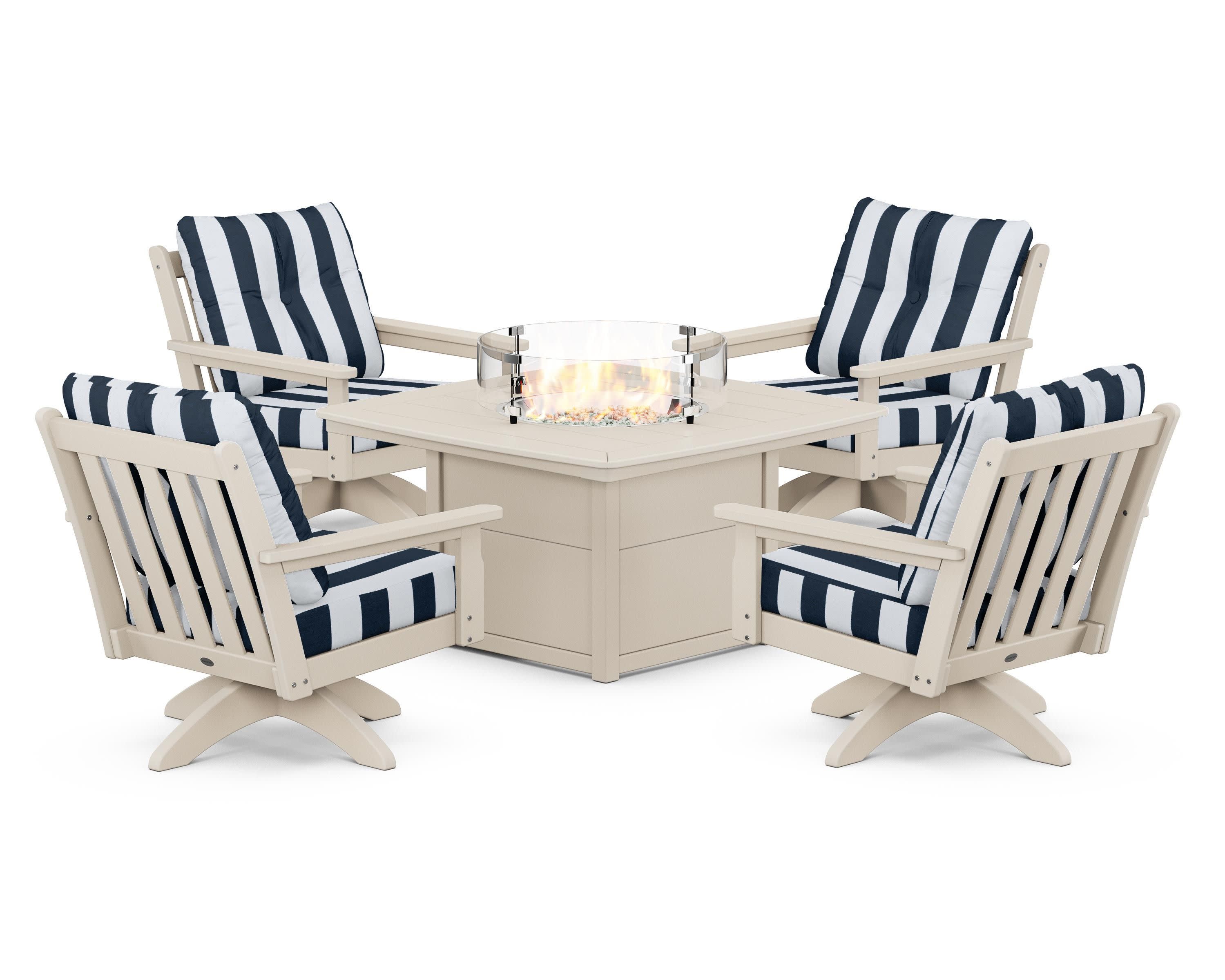Vineyard 5-Piece Deep Seating Swivel Conversation Set with Fire Pit Table in Sand / Cabana Stripe Marine Indigo