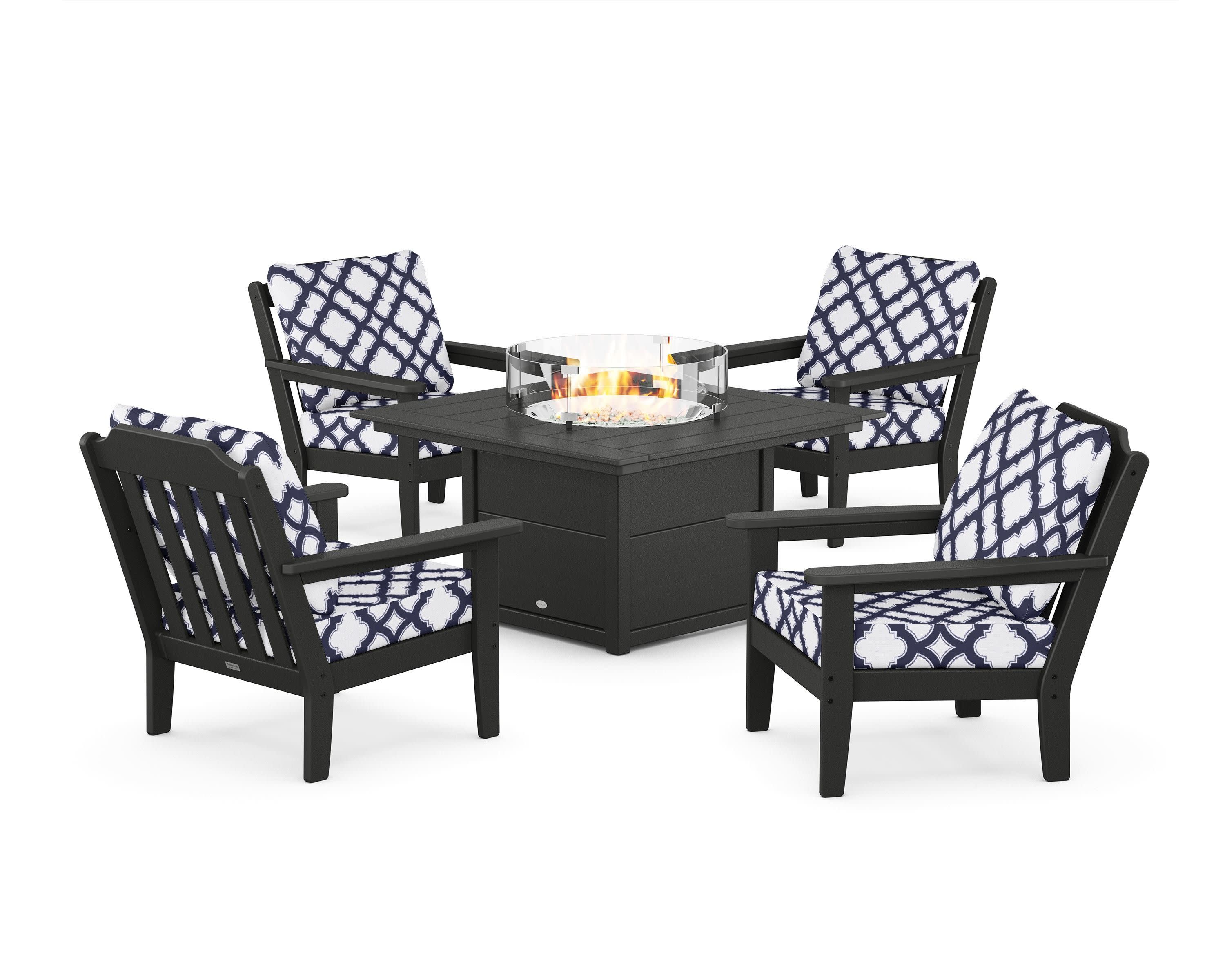 Cottage 5-Piece Deep Seating Set with Fire Pit Table in Black / Trellis Navy