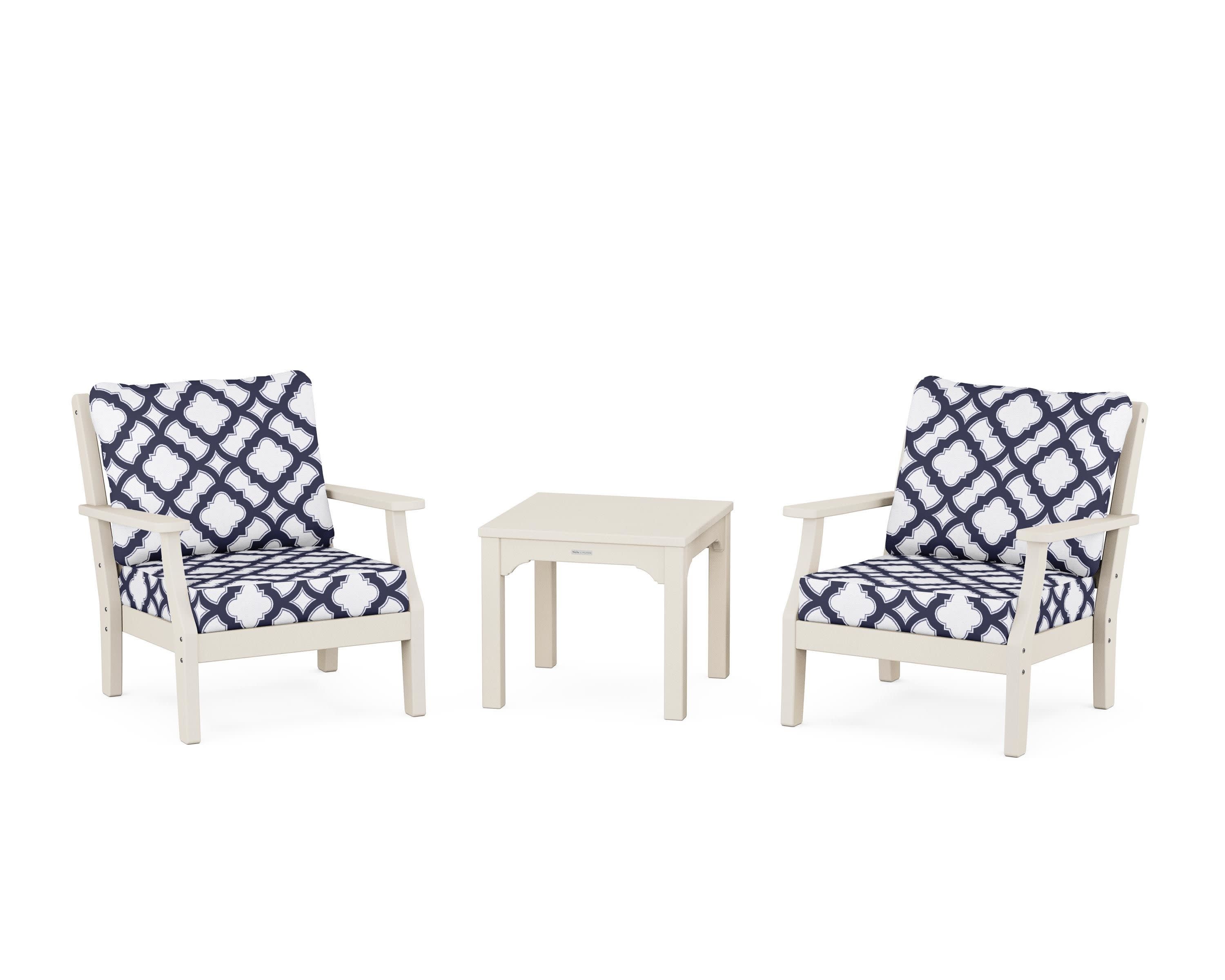 Chinoiserie 3-Piece Deep Seating Set in Sand / Trellis Navy