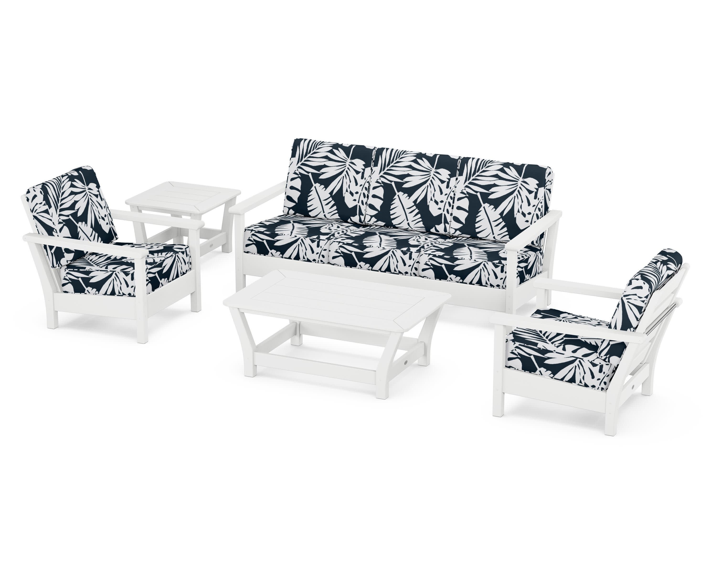 Harbour 5-Piece Deep Seating Set in White / Leaf Marine Indigo