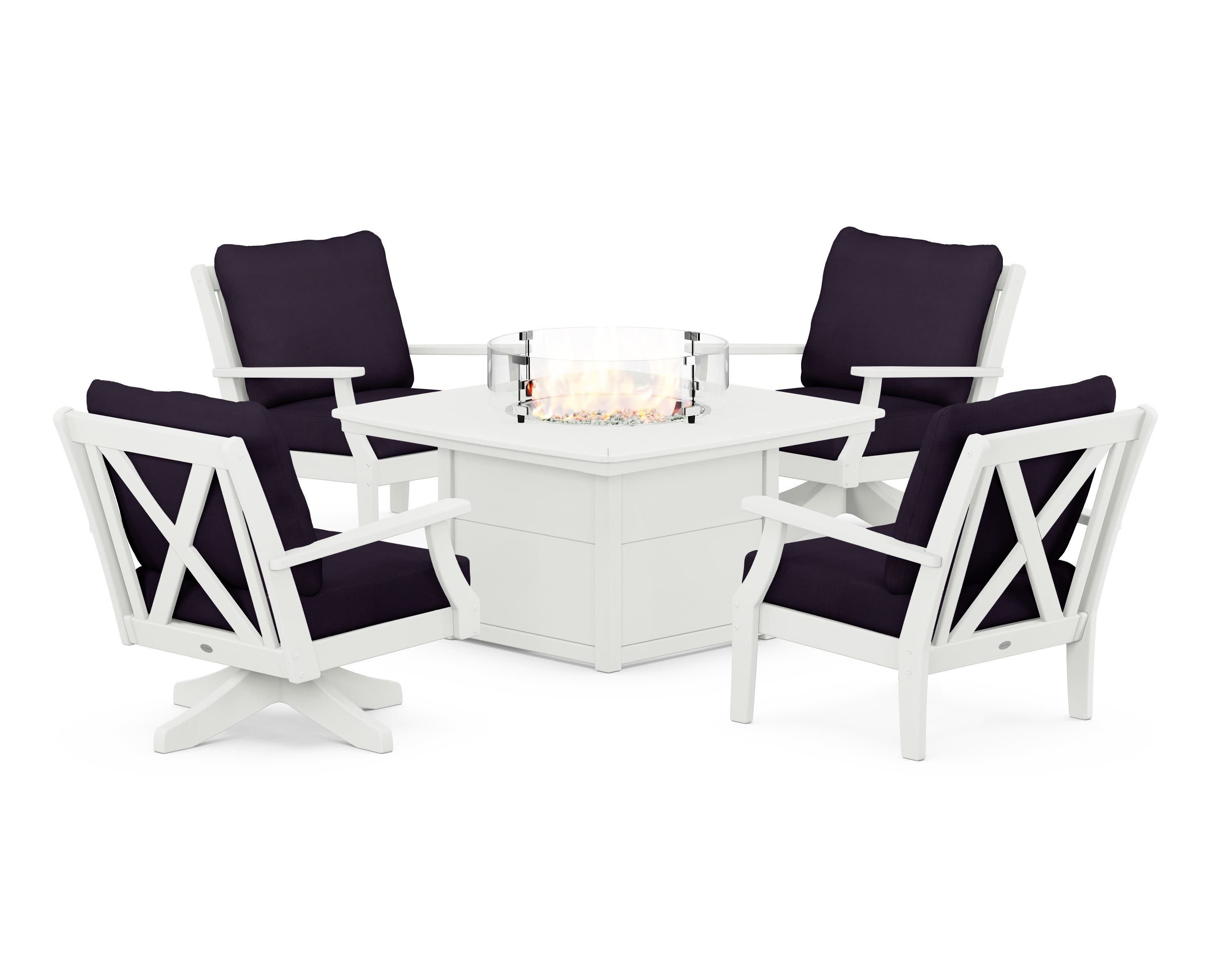 Braxton 5-Piece Deep Seating Set with Fire Table in Vintage White / Navy Linen
