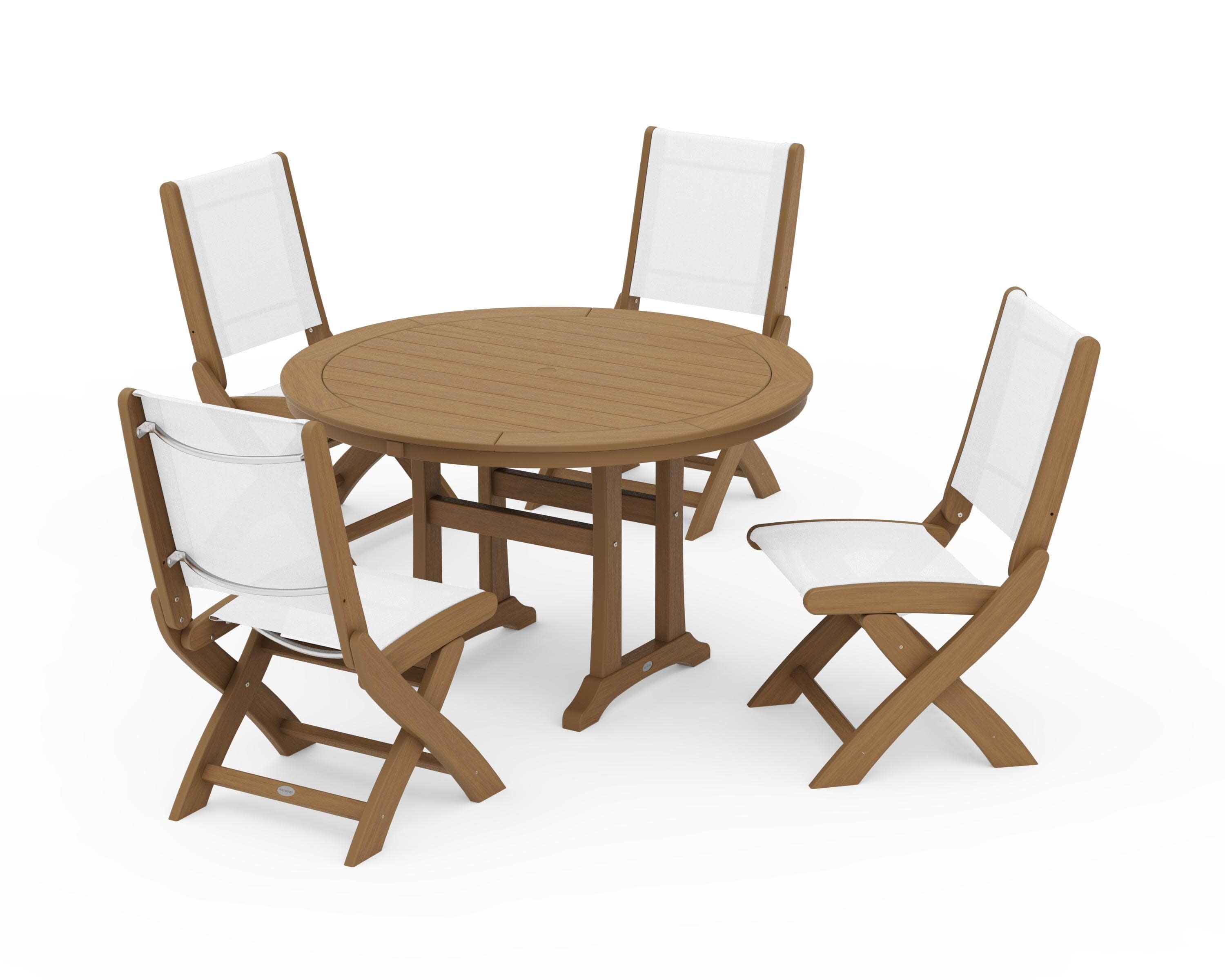 Coastal Folding Side Chair 5-Piece Round Dining Set With Trestle Legs in Natural / White Sling