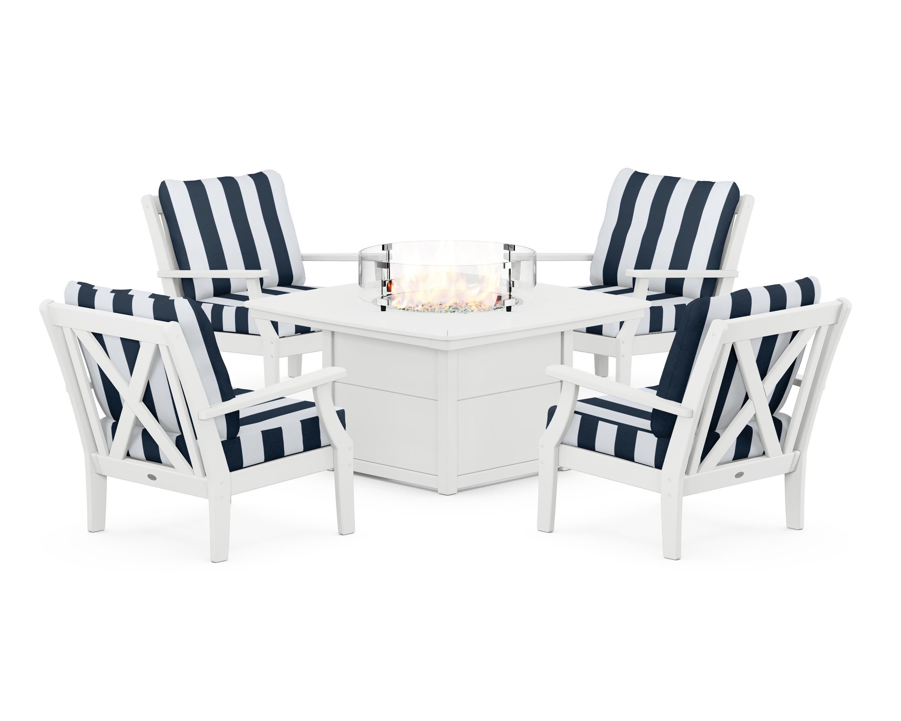 Braxton 5-Piece Deep Seating Conversation Set with Fire Pit Table in White / Cabana Stripe Marine Indigo