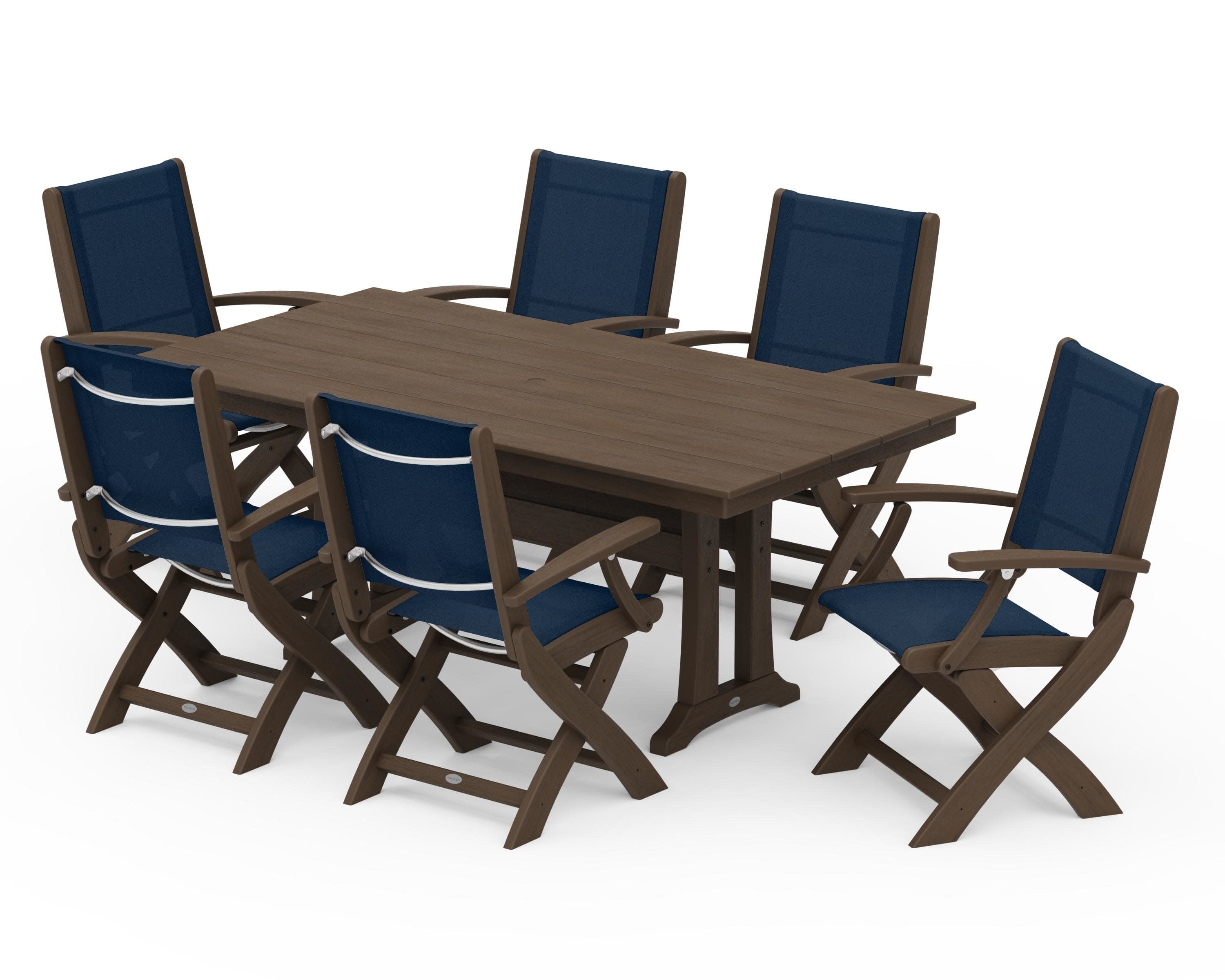 Coastal Folding Arm Chair 7-Piece Farmhouse Dining Set with Trestle Legs in Kona / Navy Blue Sling