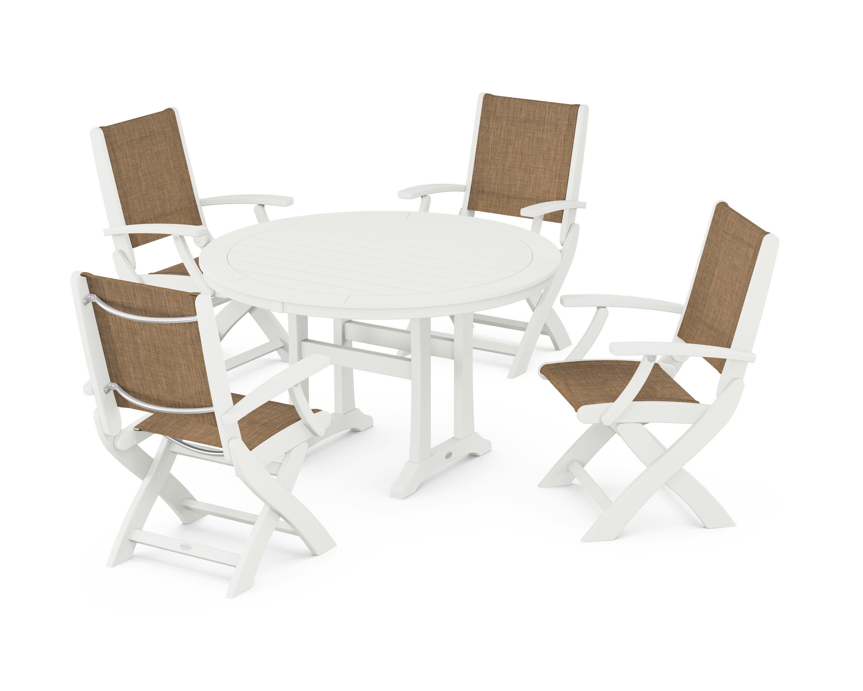 Coastal Folding Chair 5-Piece Round Dining Set with Trestle Legs in Vintage White / Burlap Sling