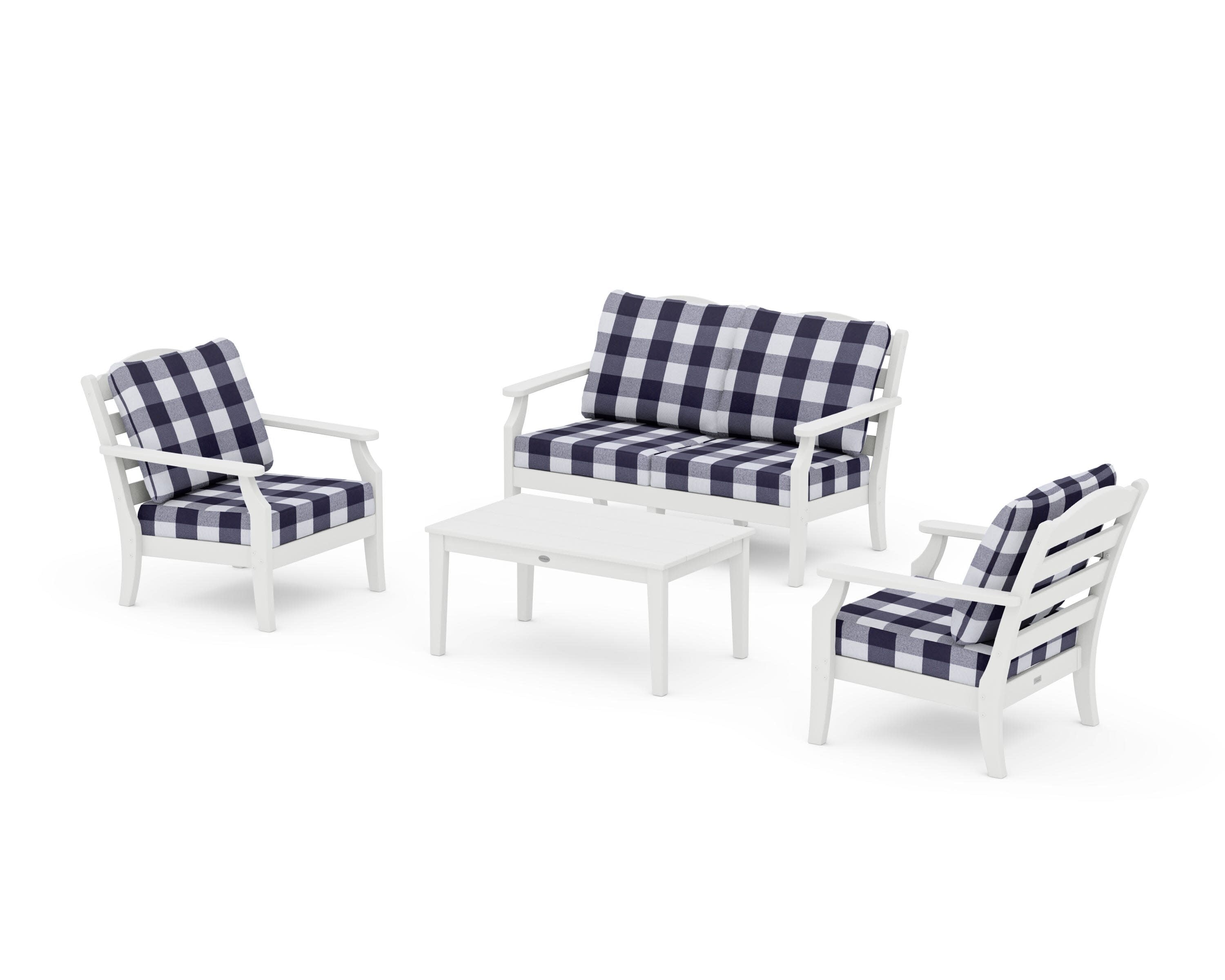 Savannah 4-Piece Deep Seating Set with Loveseat in White / Buffalo Plaid Navy