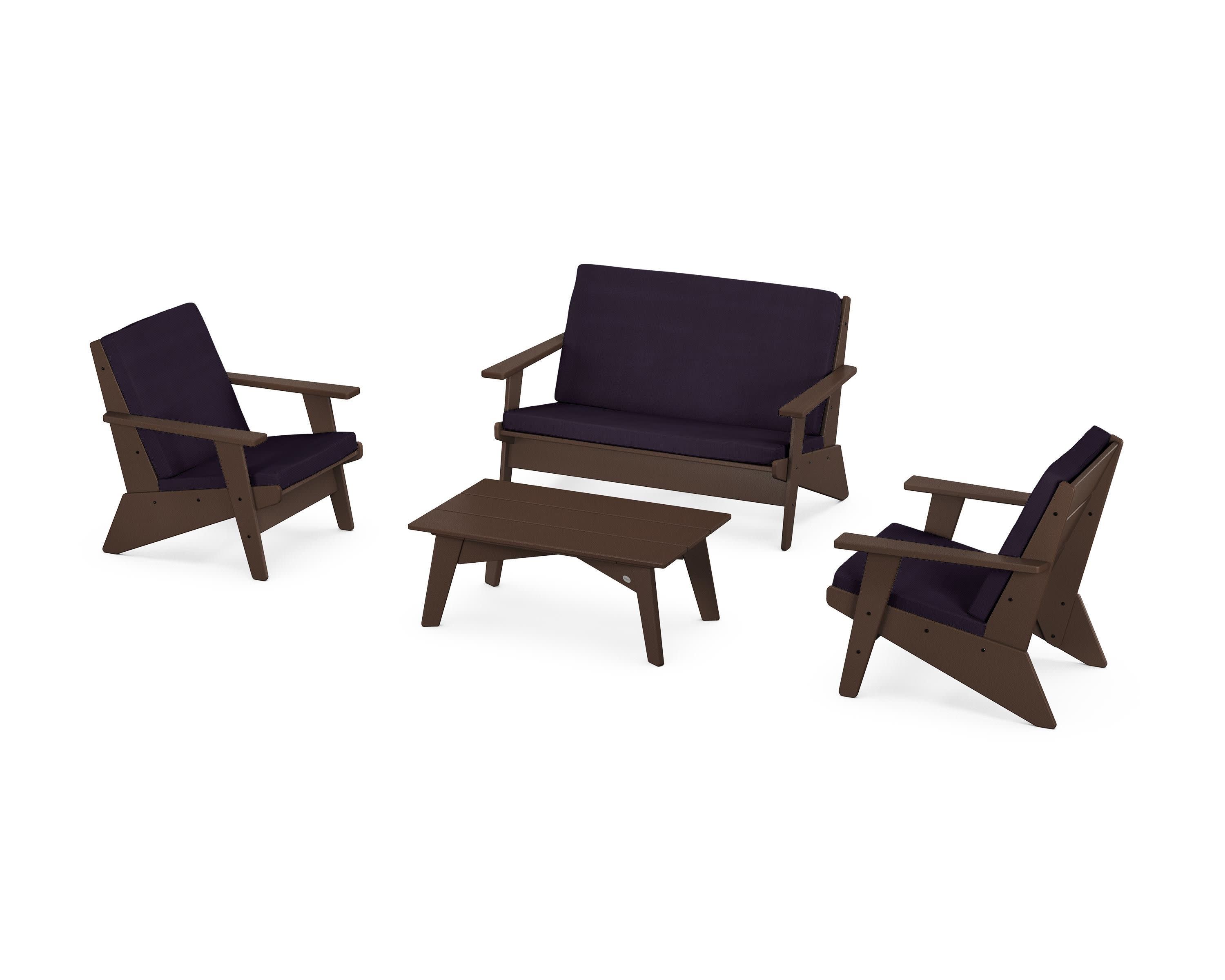 Riviera Modern Lounge 4-Piece Set in Mahogany / Navy Linen