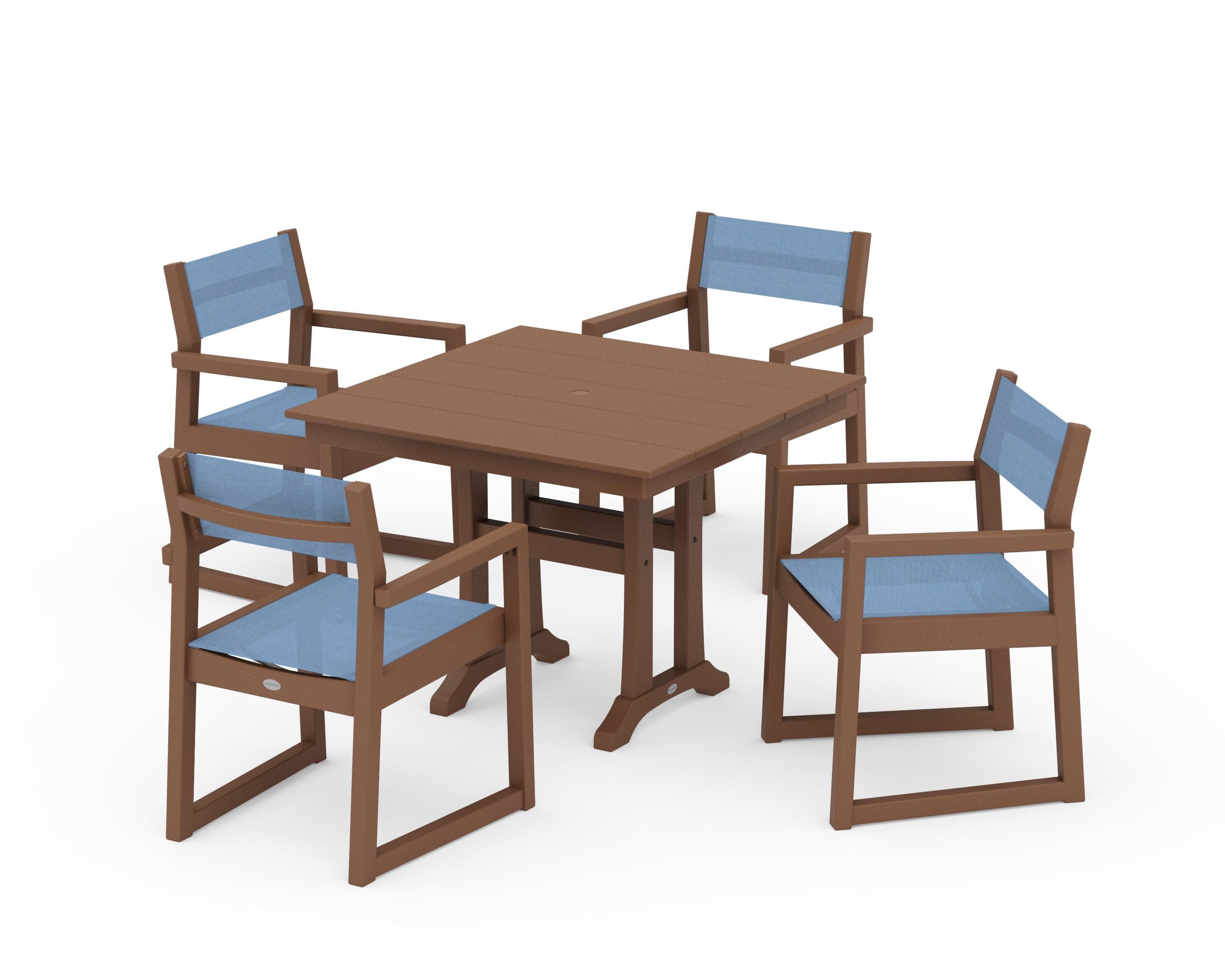EDGE Sling 5-Piece Farmhouse Dining Set with Trestle Legs in Teak / Poolside Sling