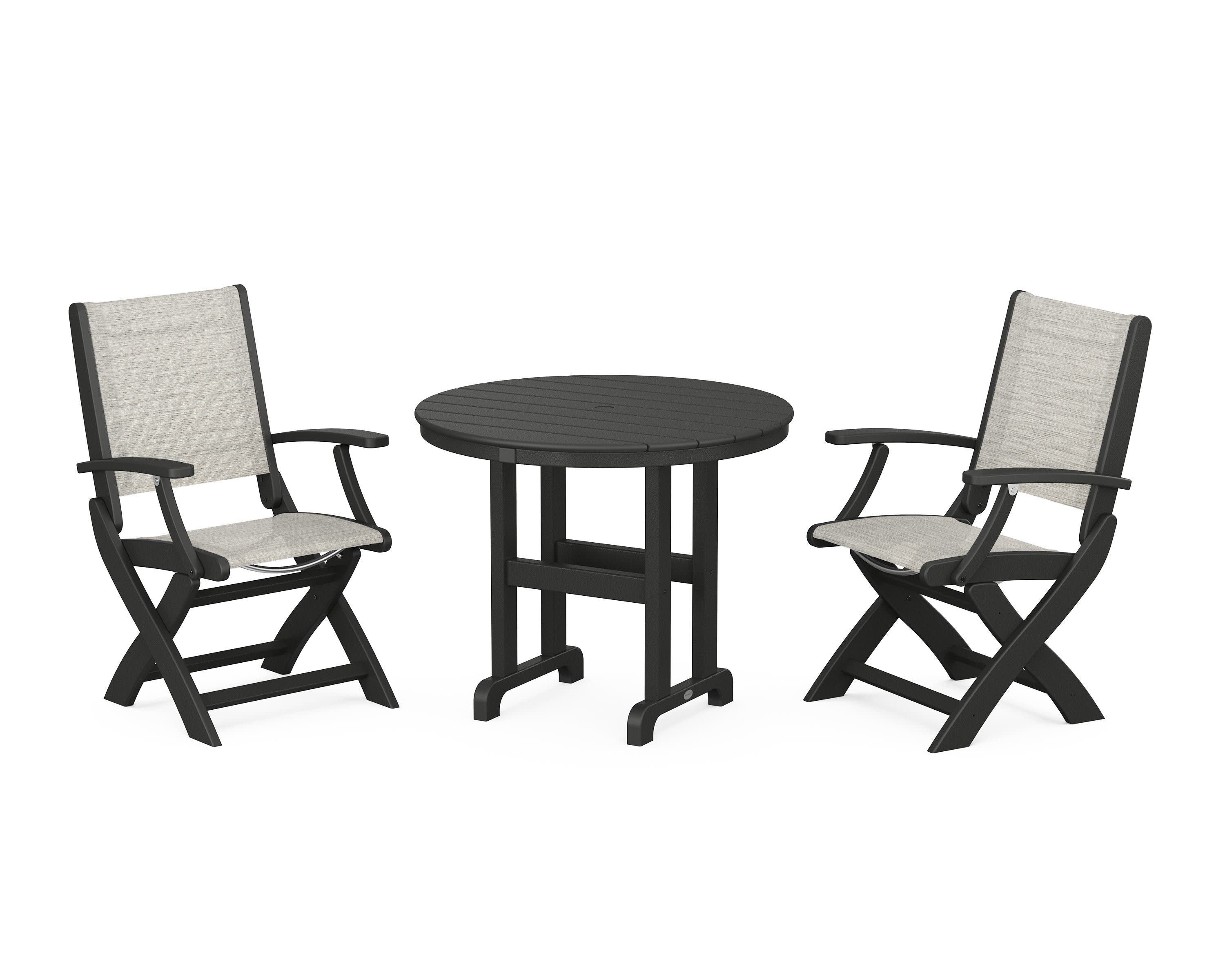 Coastal Folding Chair 3-Piece Round Dining Set in Black / Birch Sling