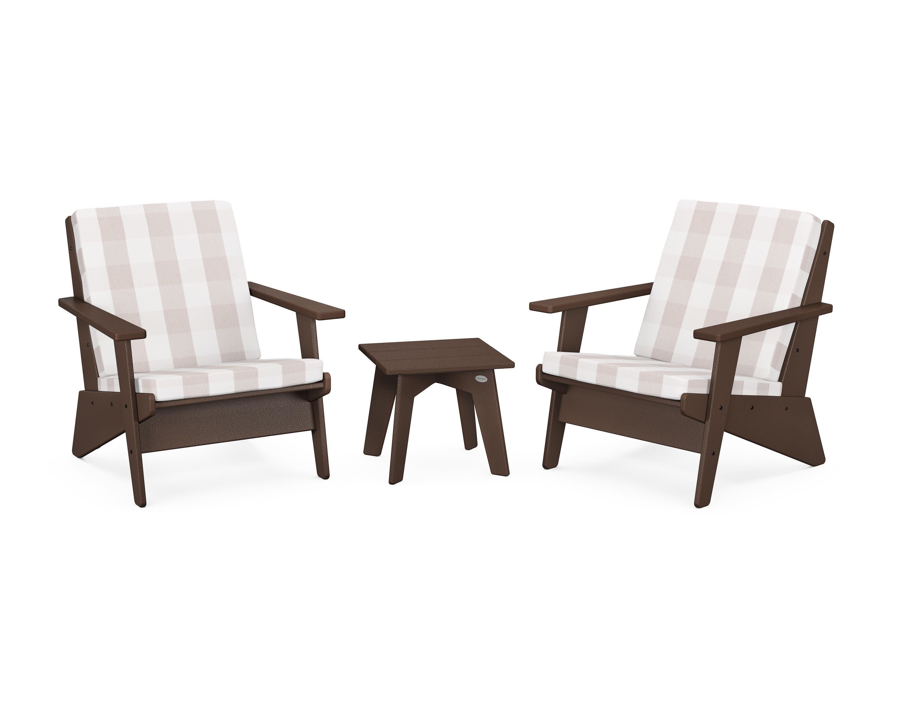 Riviera Modern Lounge 3-Piece Set in Mahogany / Buffalo Plaid Dune Burlap