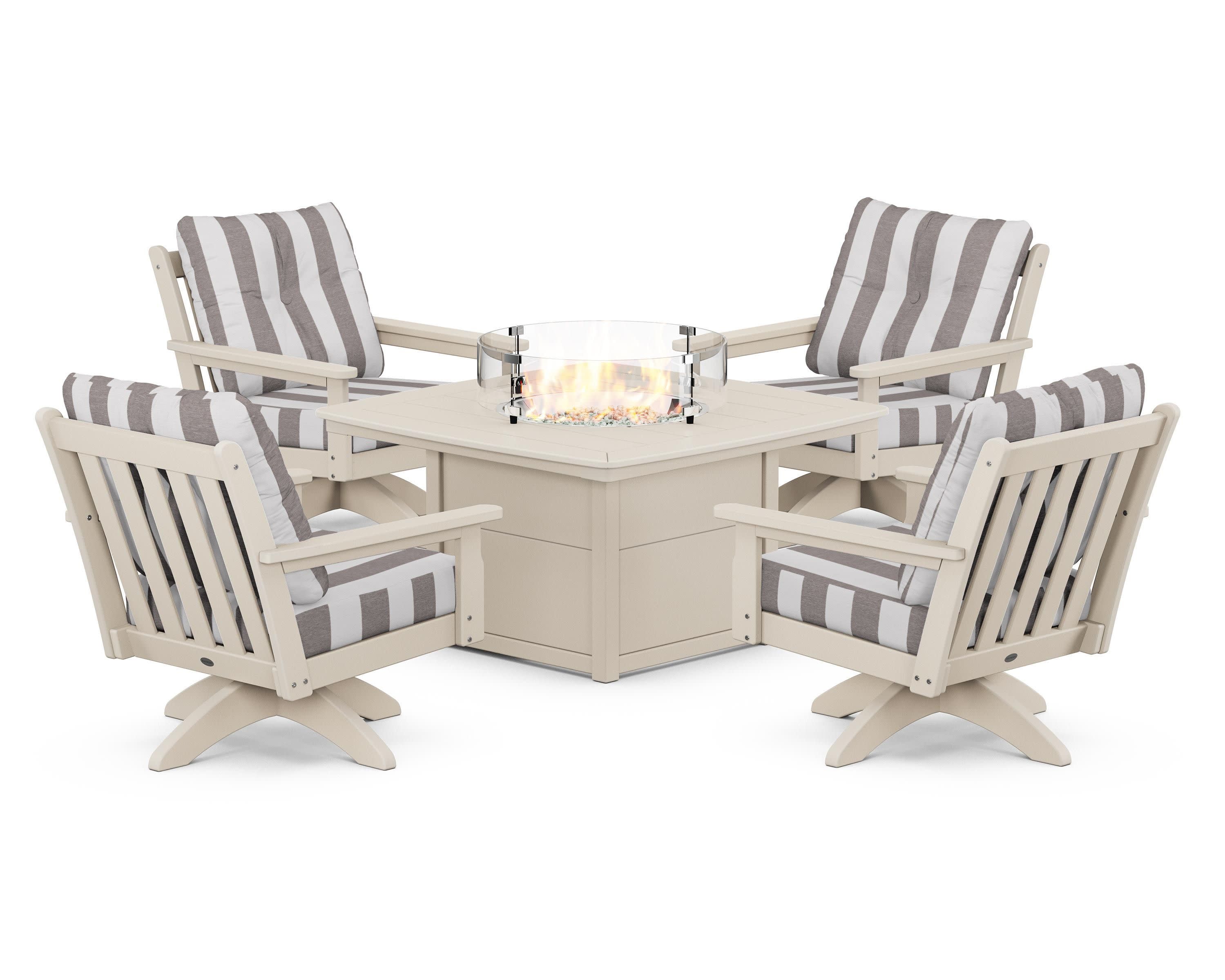 Vineyard 5-Piece Deep Seating Swivel Conversation Set with Fire Pit Table in Sand / Cabana Stripe Grey Mist