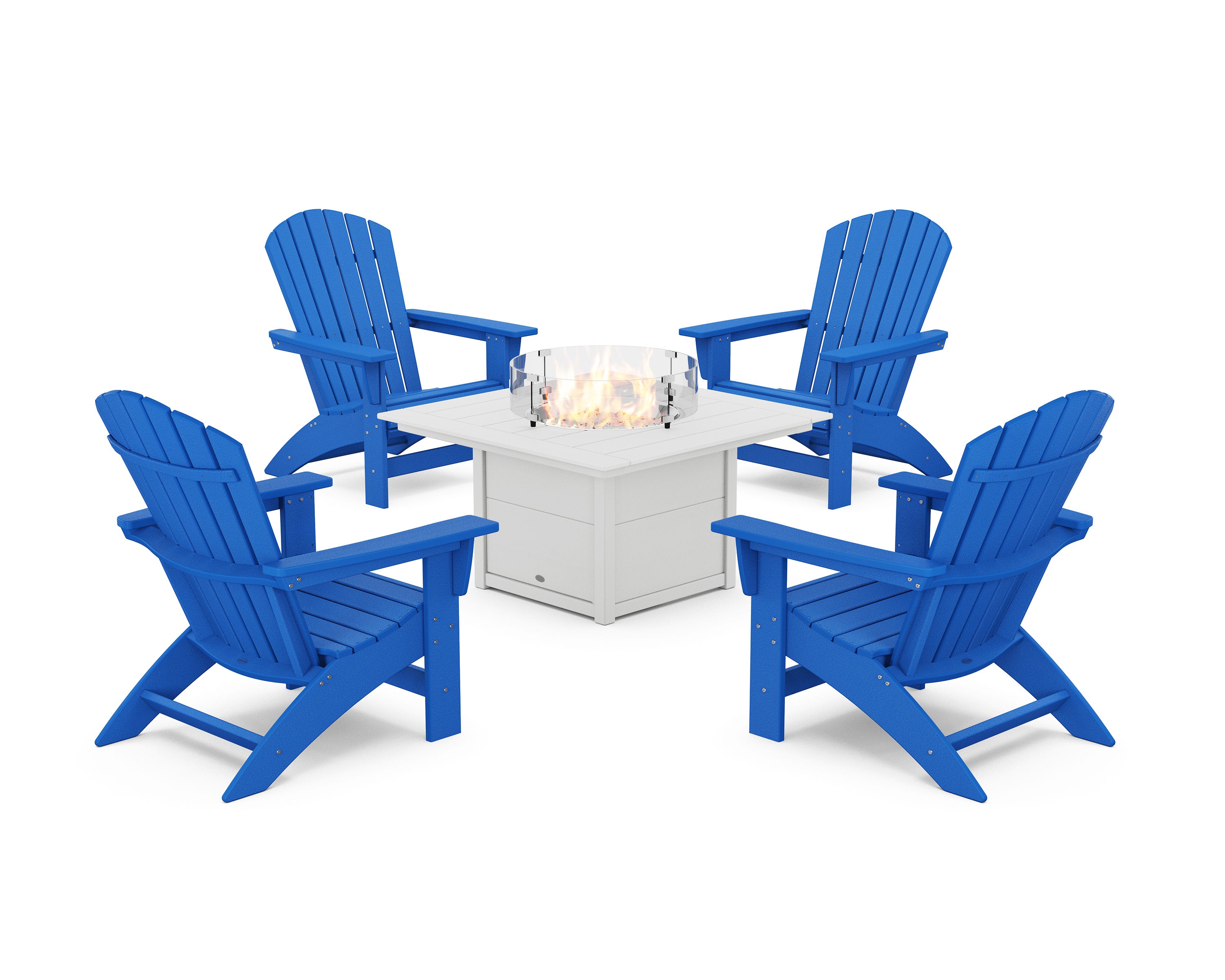 5-Piece Nautical Grand Adirondack Conversation Set with Fire Pit Table in Pacific Blue / White