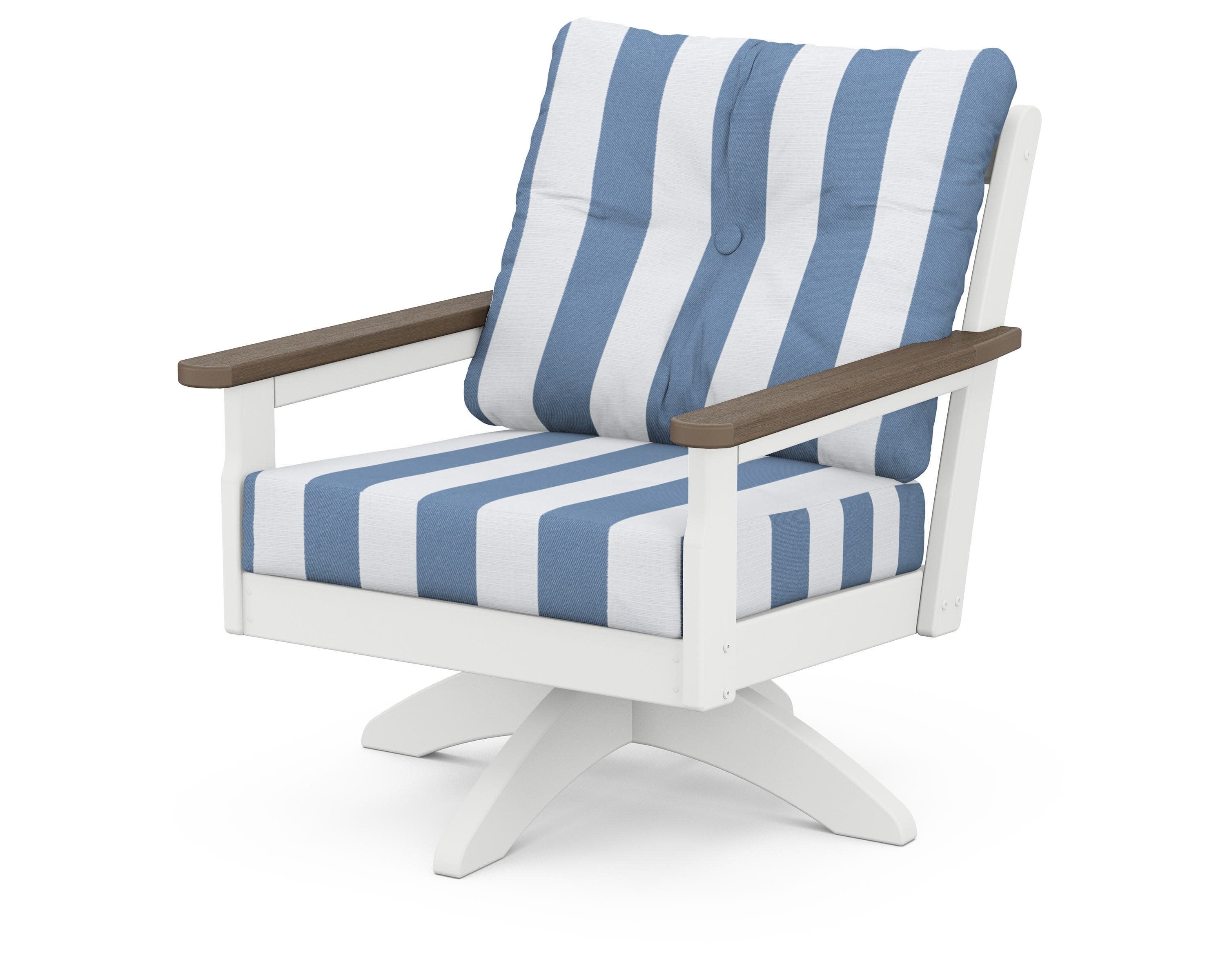 Vineyard Deep Seating Swivel Chair in White / Kona / Cabana Stripe Sky Blue