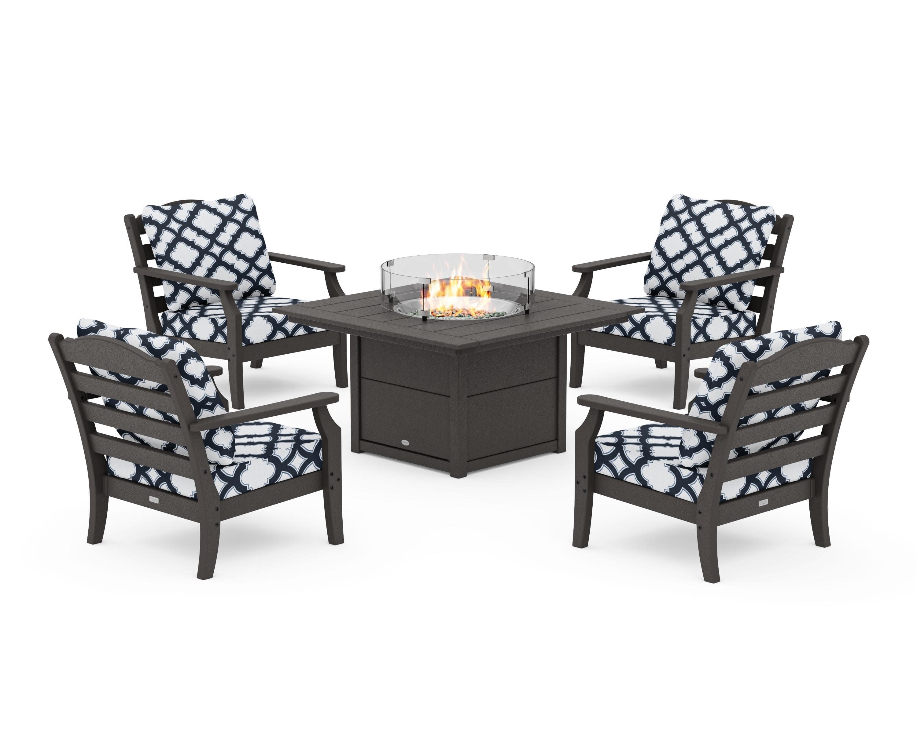 Savannah 5-Piece Deep Seating Set with Fire Pit Table in Vintage Coffee / Trellis Marine Indigo