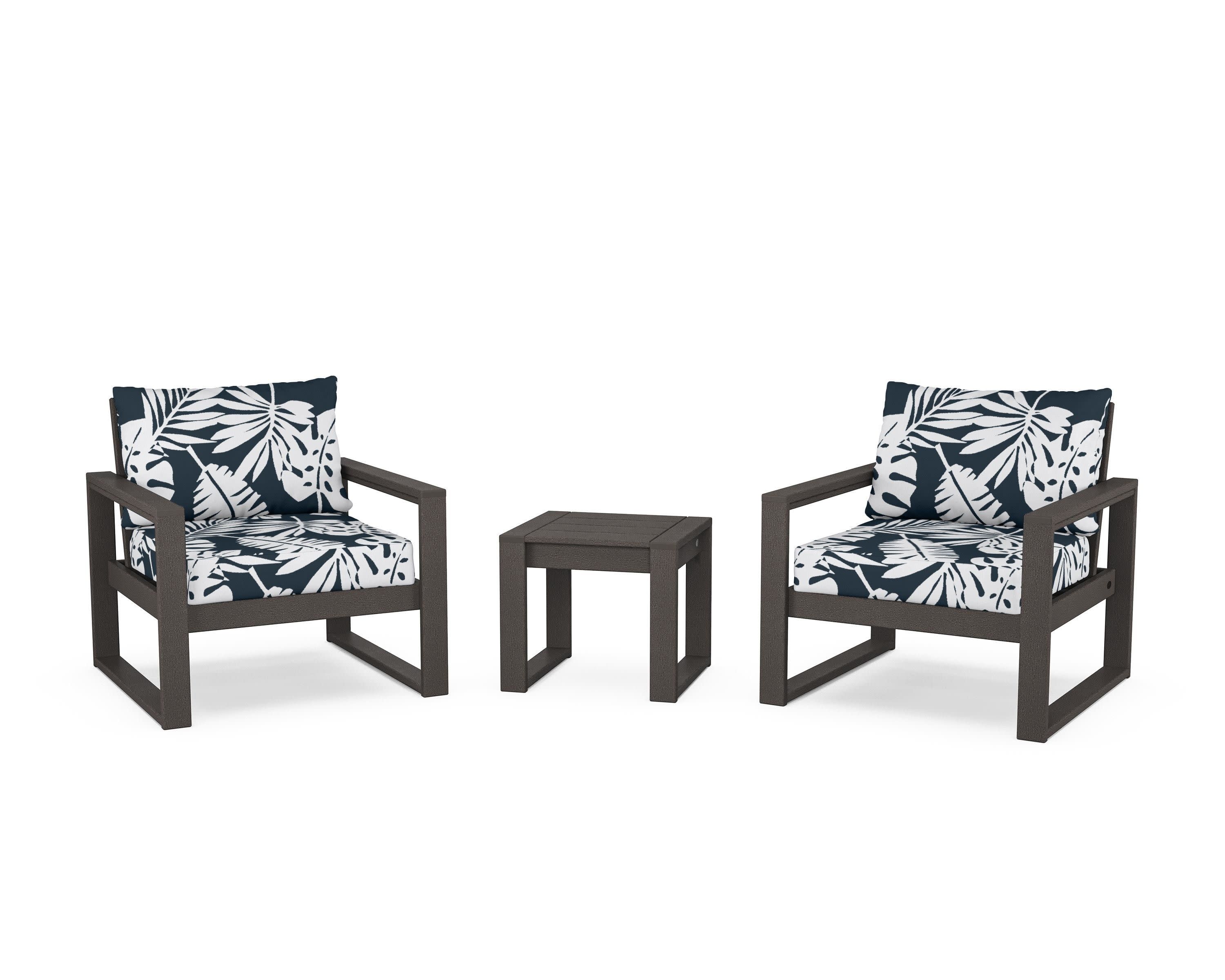 EDGE Sectional 3-Piece Deep Seating Set in Vintage Coffee / Leaf Marine Indigo