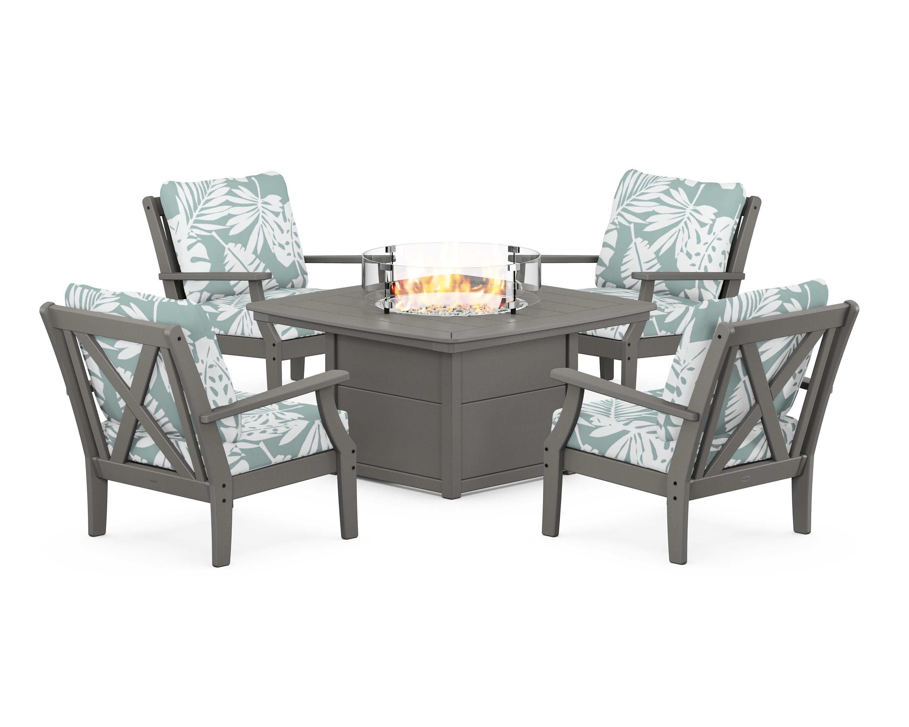 Braxton 5-Piece Deep Seating Conversation Set with Fire Pit Table in Slate Grey / Leaf Glacier Spa