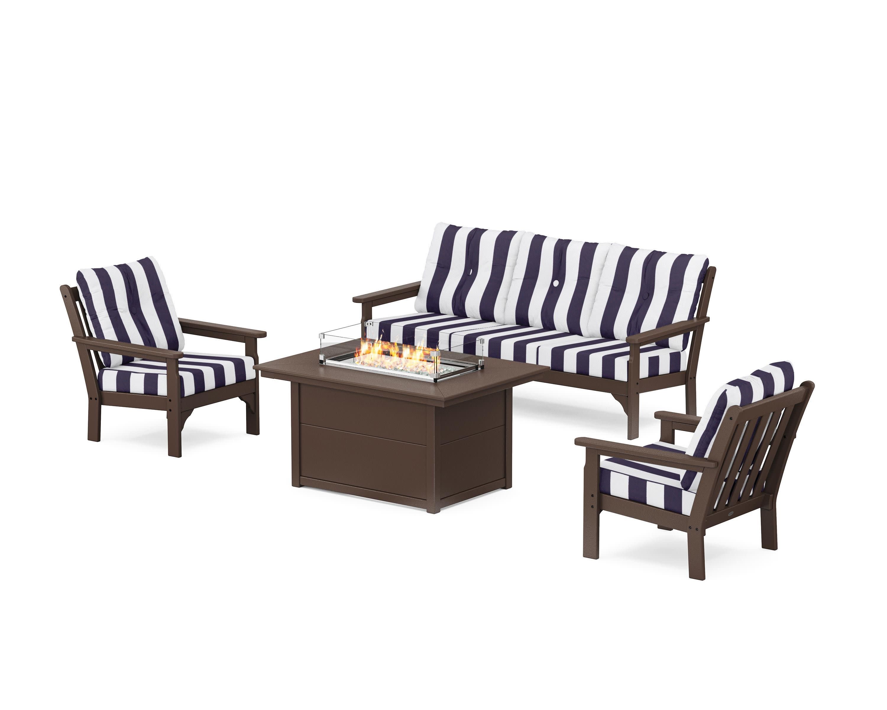 Vineyard Deep Seating Fire Pit Table Set in Mahogany / Cabana Stripe Navy