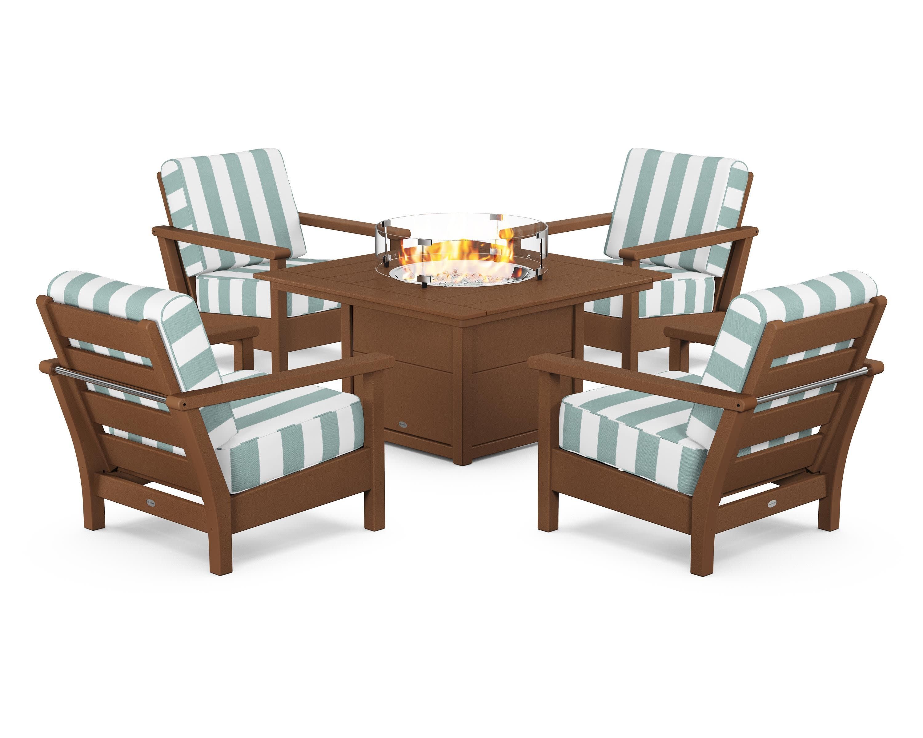 Harbour 5-Piece Conversation Set with Fire Pit Table in Teak / Cabana Stripe Glacier Spa