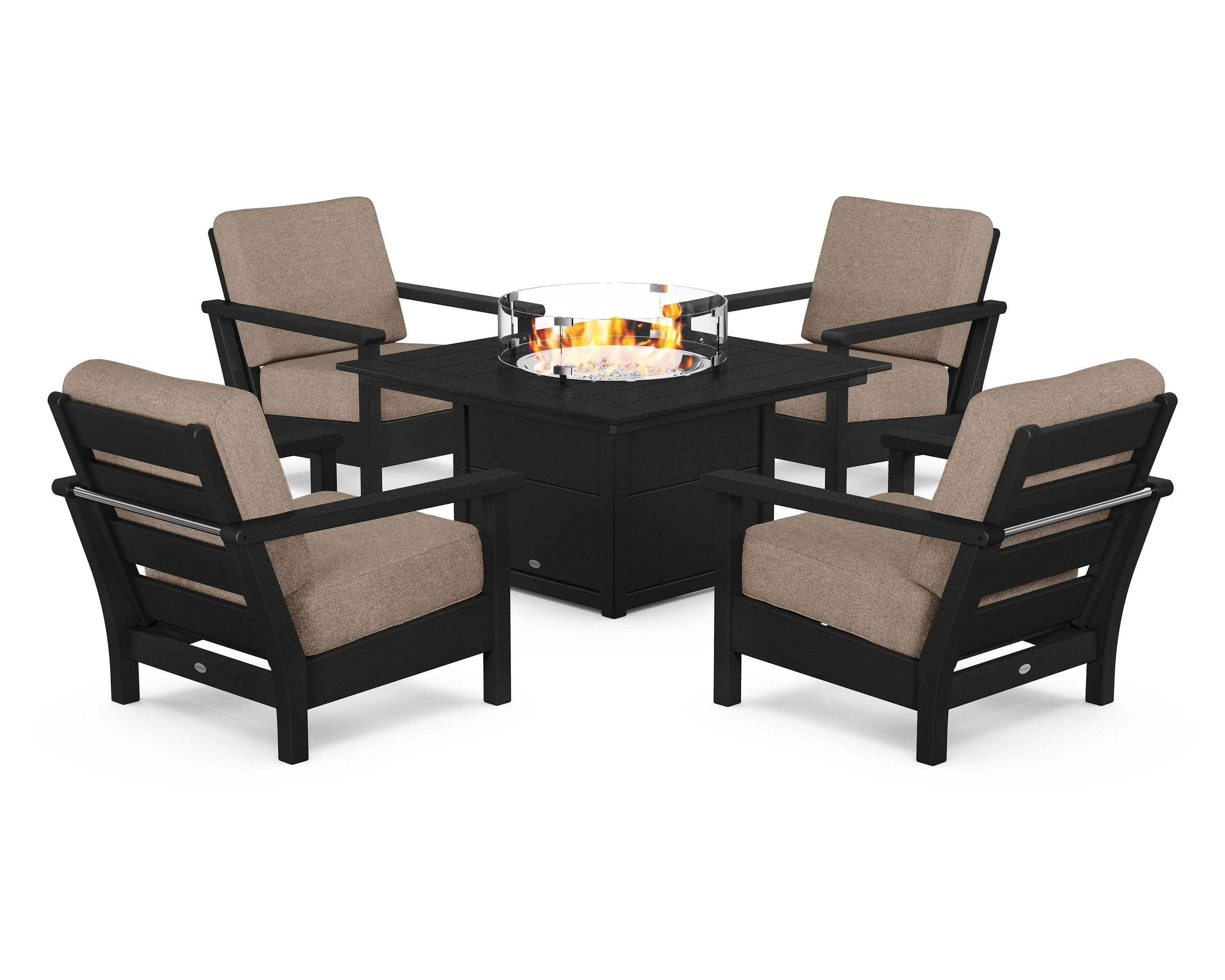 Harbour 5-Piece Conversation Set with Fire Pit Table in Black / Spiced Burlap