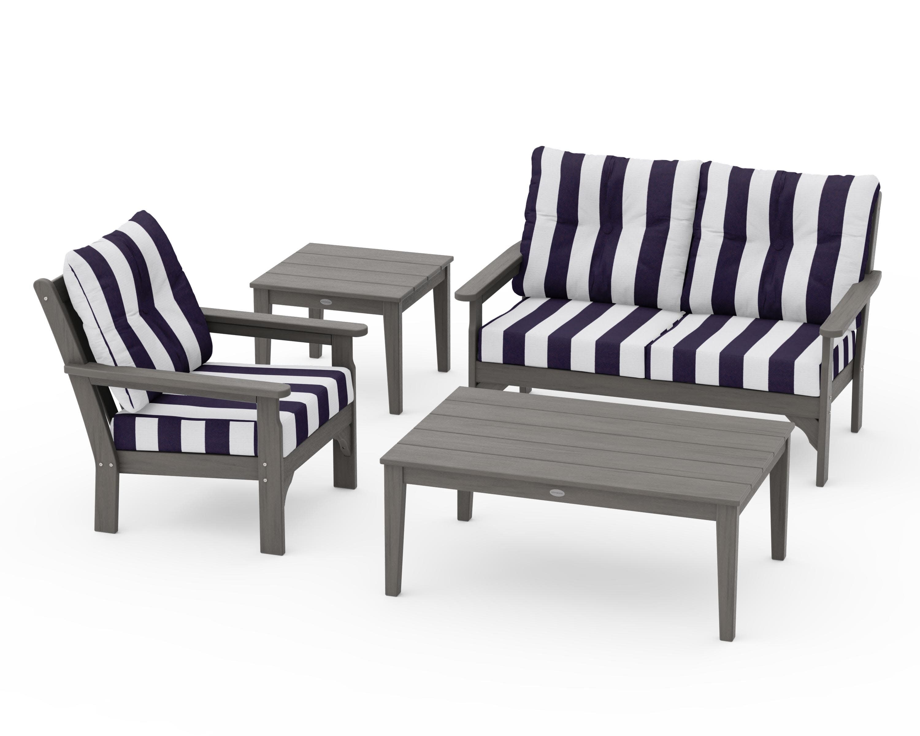 Vineyard 4-Piece Deep Seating Set in Driftwood / Cabana Stripe Navy