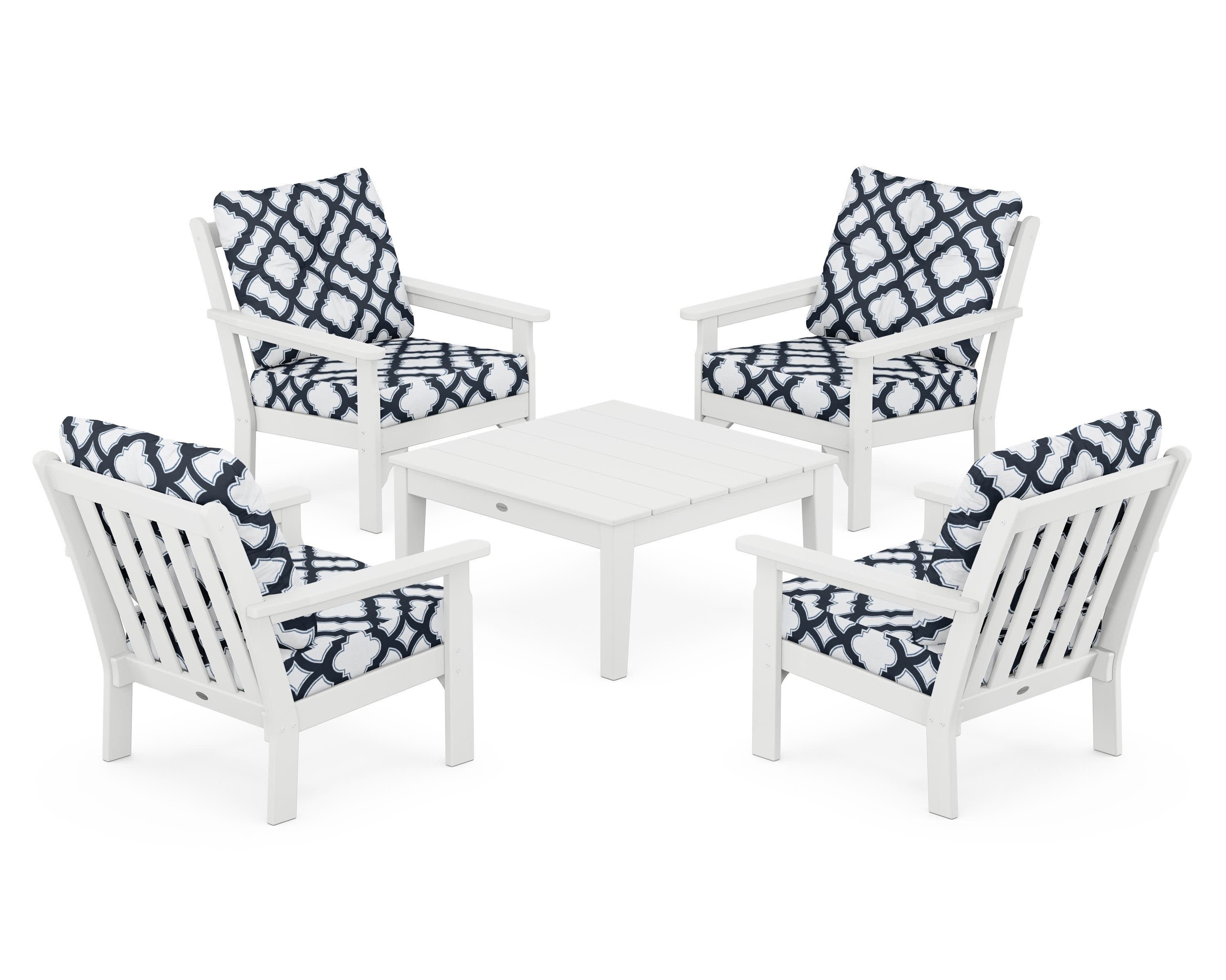 Vineyard 5-Piece Deep Seating Conversation Set in White / Trellis Marine Indigo