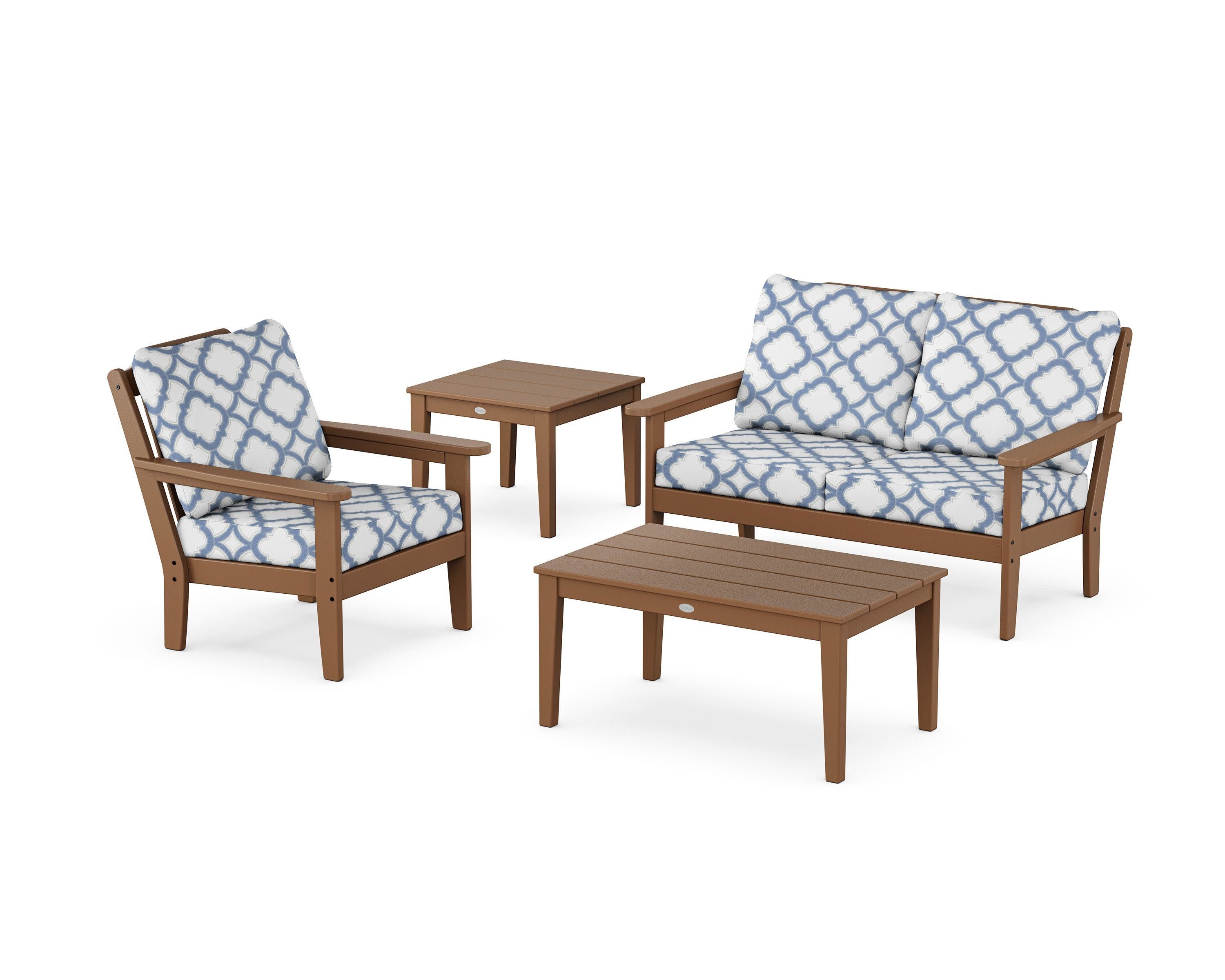 Wovendale 4-Piece Deep Seating Set in Teak / Trellis Sky Blue