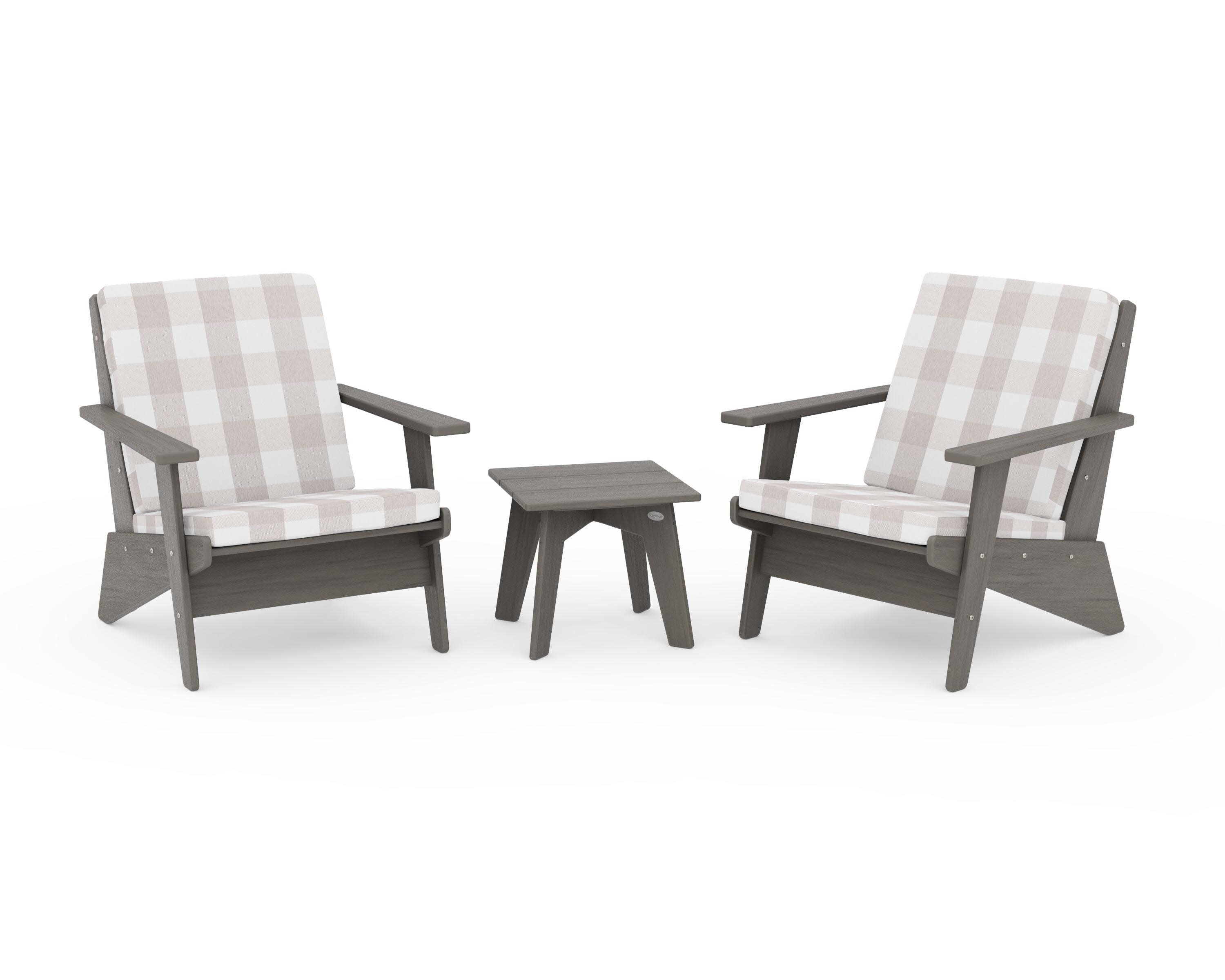 Riviera Modern Lounge 3-Piece Set in Driftwood / Buffalo Plaid Dune Burlap