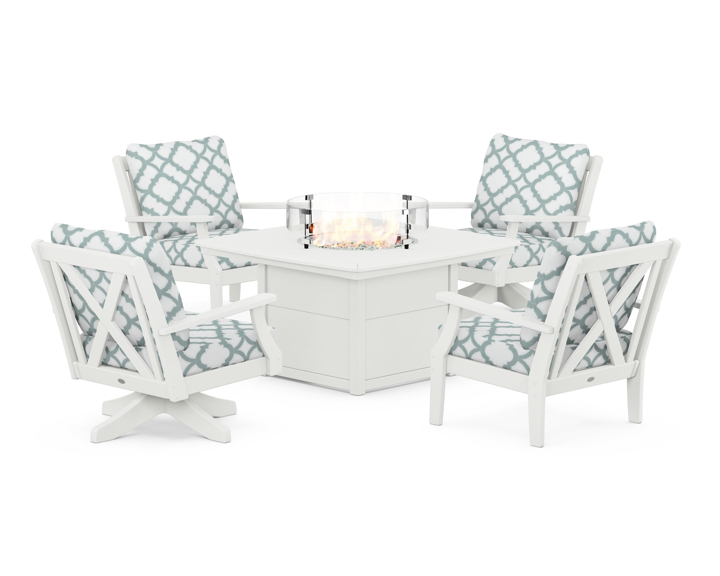 Braxton 5-Piece Deep Seating Set with Fire Table in Vintage White / Trellis Glacier Spa