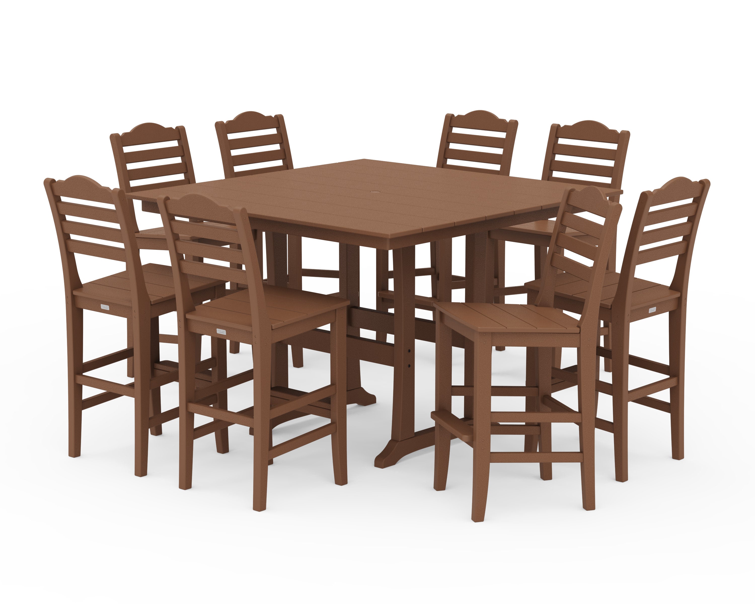 Savannah Side Chair 9-Piece Square Farmhouse Bar Set with Trestle Legs in Teak