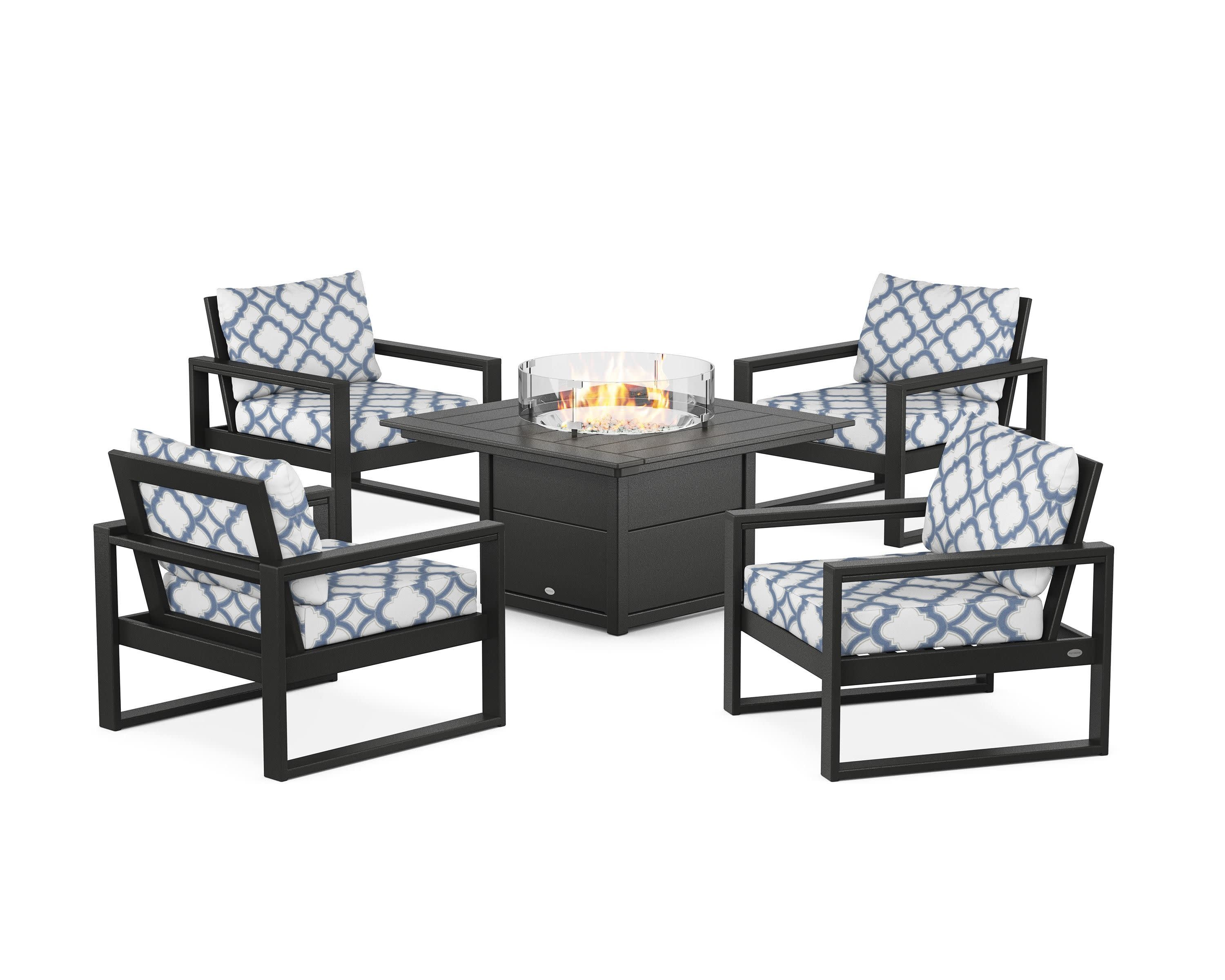 EDGE Sectional 5-Piece Deep Seating Set with Fire Pit Table in Black / Trellis Sky Blue