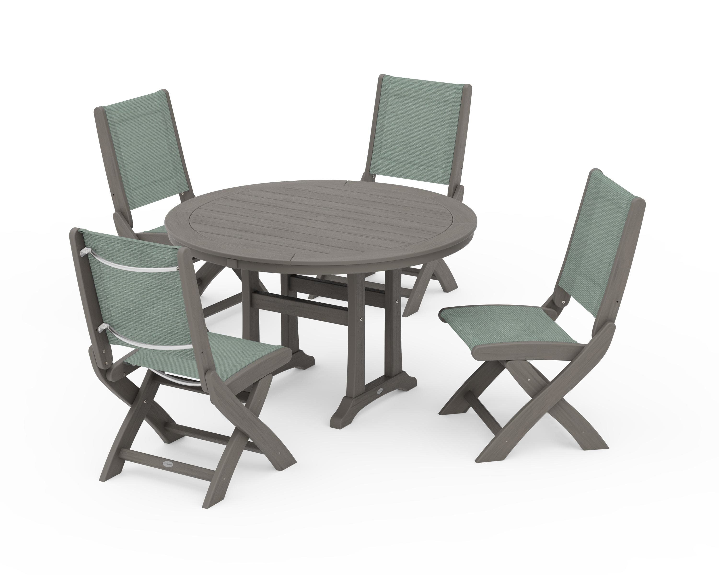 Coastal Folding Side Chair 5-Piece Round Dining Set With Trestle Legs in Driftwood / Dupioni Sea Mist Sling