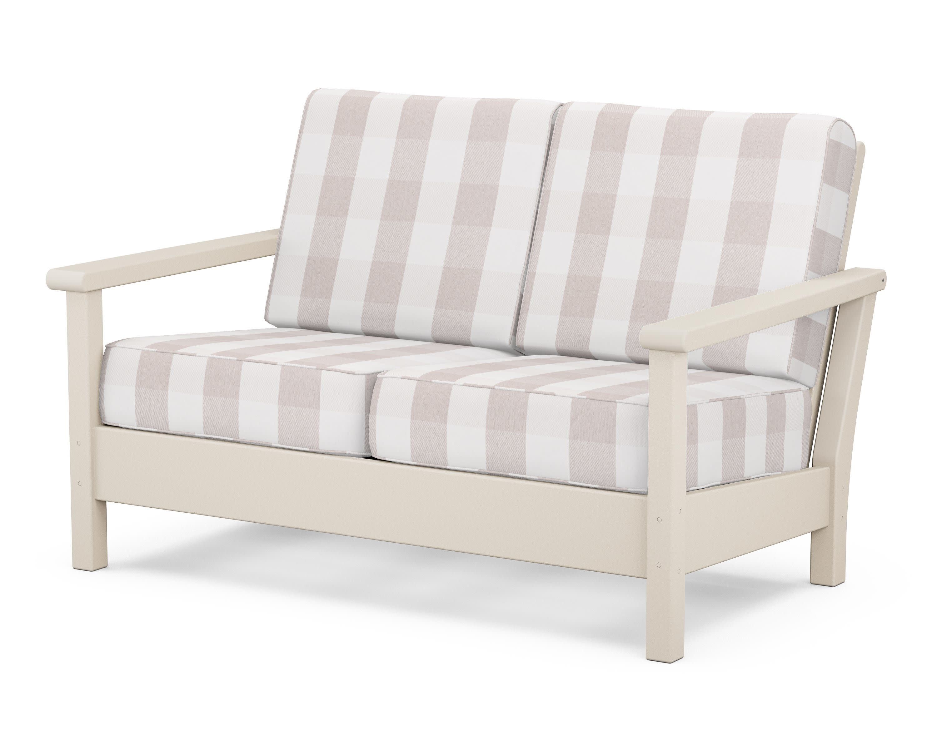 Harbour Deep Seating Loveseat in Sand / Buffalo Plaid Dune Burlap