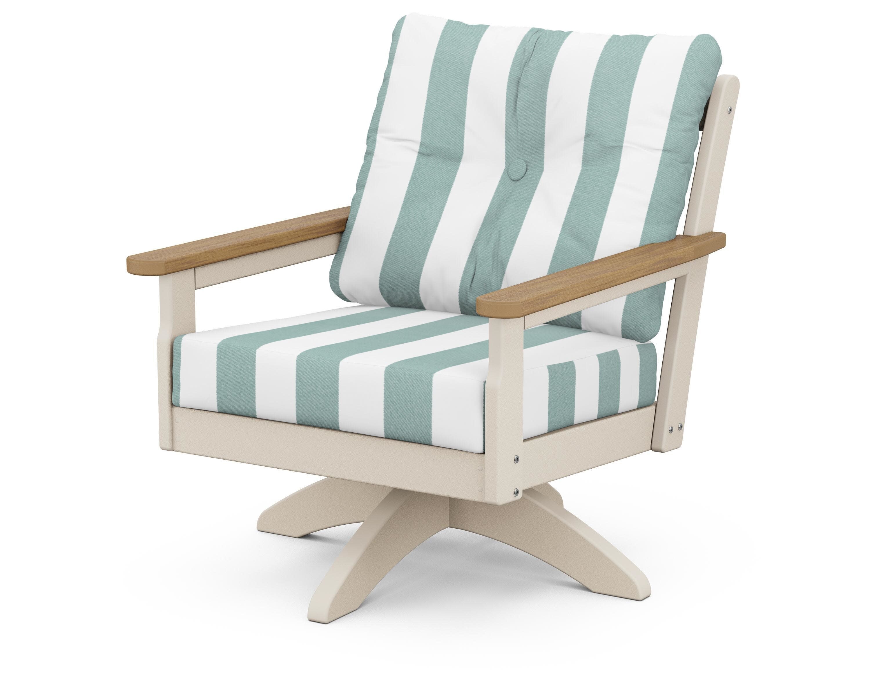 Vineyard Deep Seating Swivel Chair in Sand / Natural / Cabana Stripe Glacier Spa