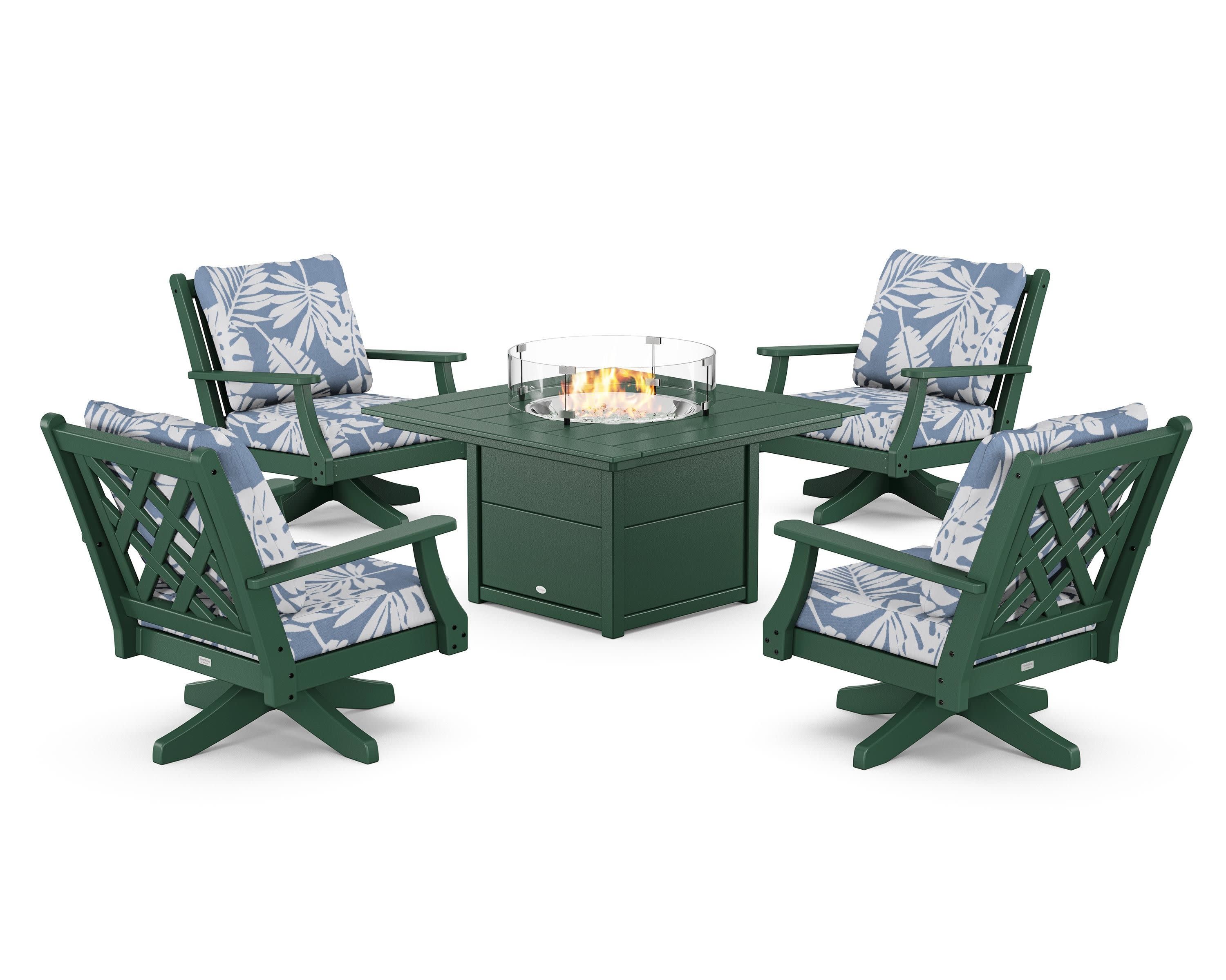 Wovendale 5-Piece Deep Seating Swivel Conversation Set with Fire Pit Table in Green / Leaf Sky Blue