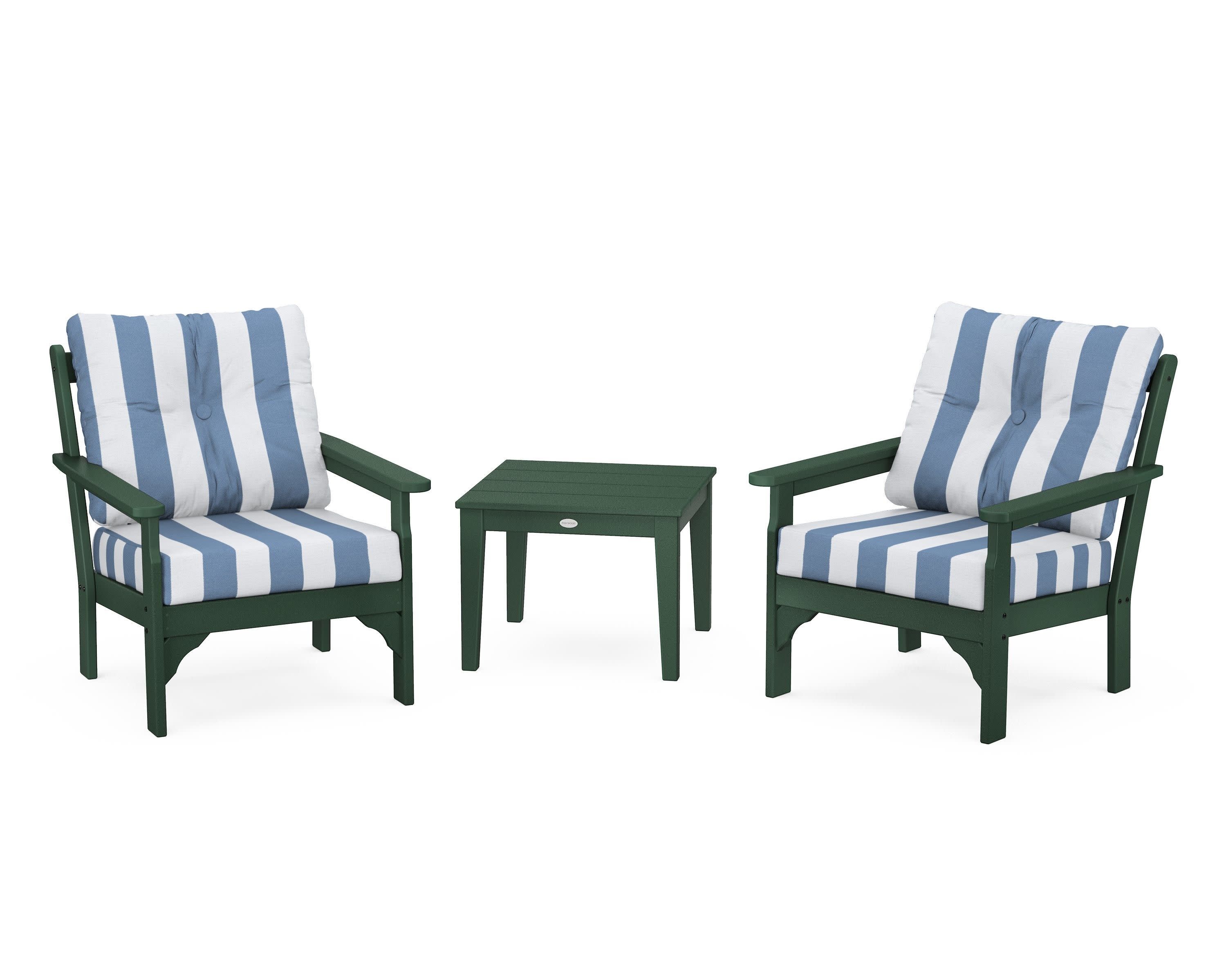 Vineyard 3-Piece Deep Seating Set in Green / Cabana Stripe Sky Blue