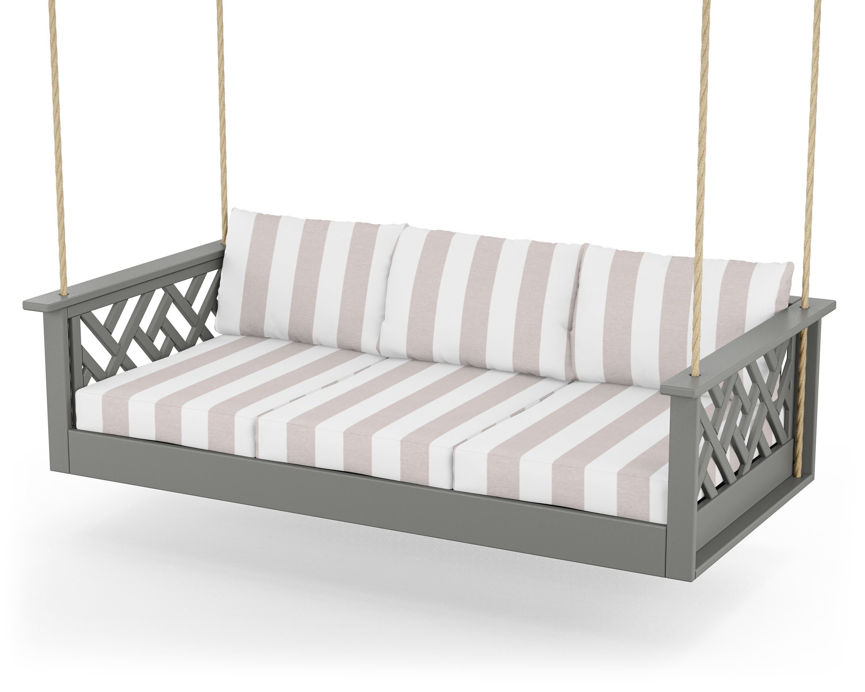 Chippendale Daybed Swing in Slate Grey / Cabana Stripe Dune Burlap