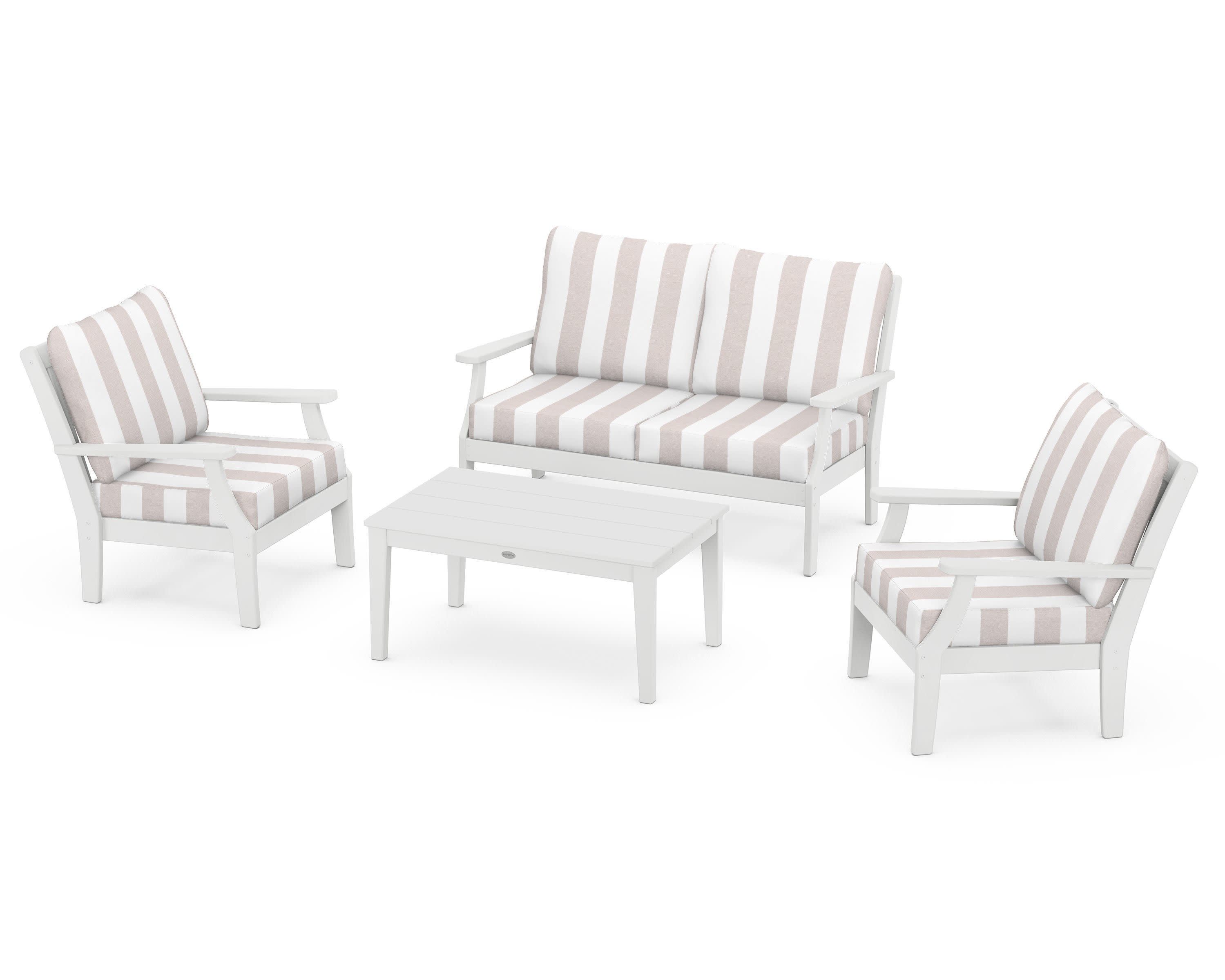 Braxton 4-Piece Deep Seating Chair Set in White / Cabana Stripe Dune Burlap