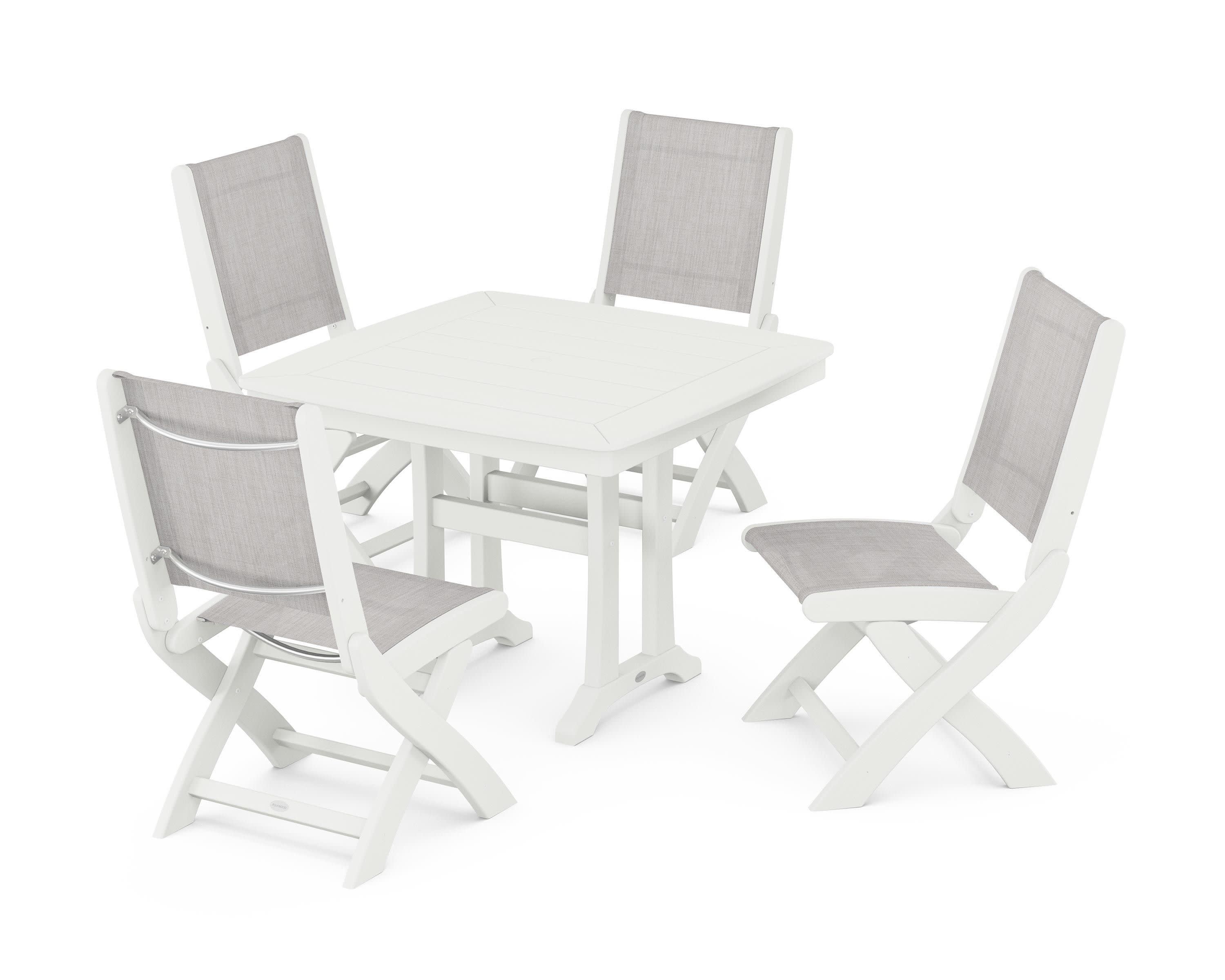 Coastal Folding Side Chair 5-Piece Dining Set with Trestle Legs in Vintage White / Parchment Sling