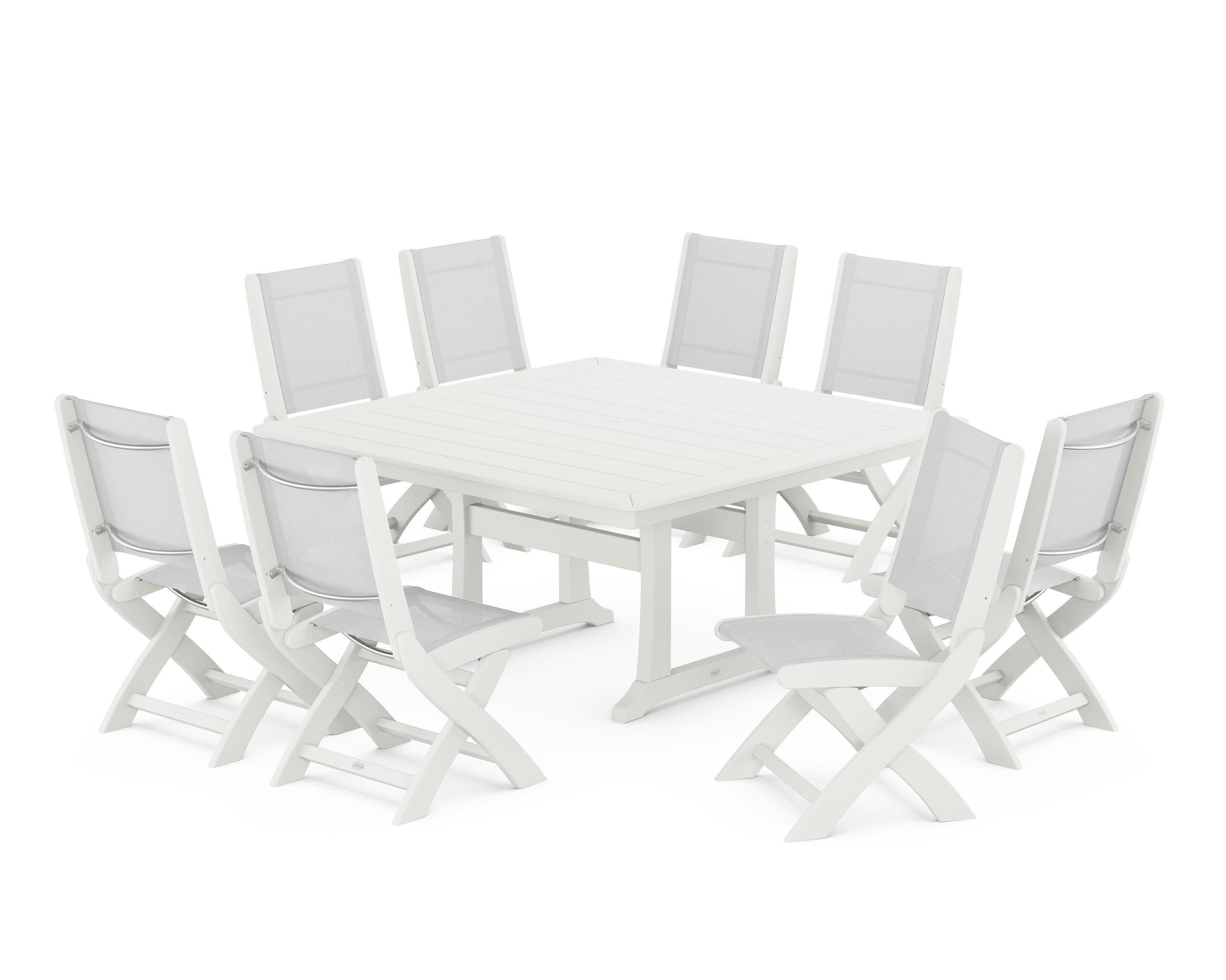 Coastal Folding Side Chair 9-Piece Dining Set with Trestle Legs in Vintage White / White Sling