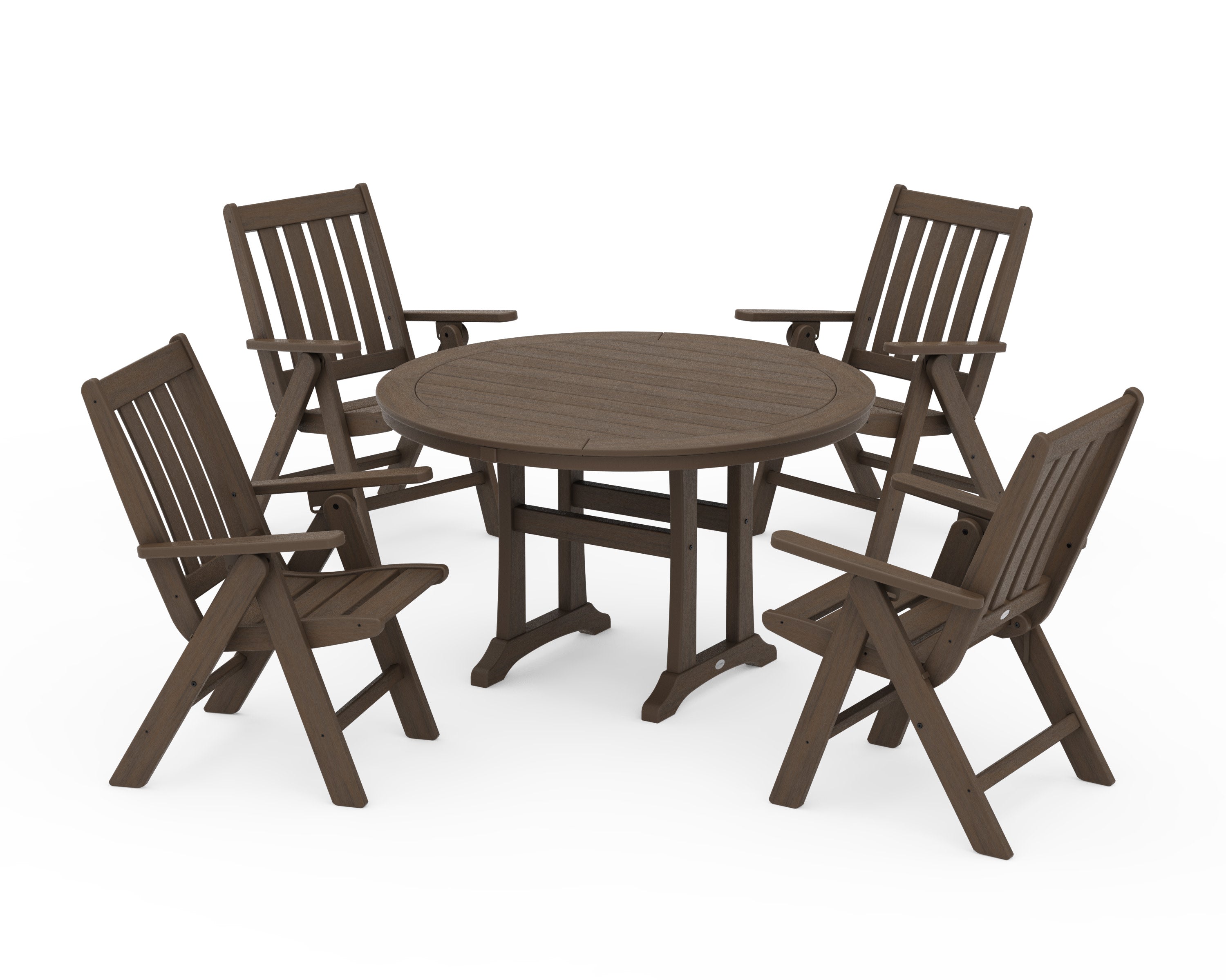 Vineyard Folding Chair 5-Piece Round Dining Set with Trestle Legs in Kona