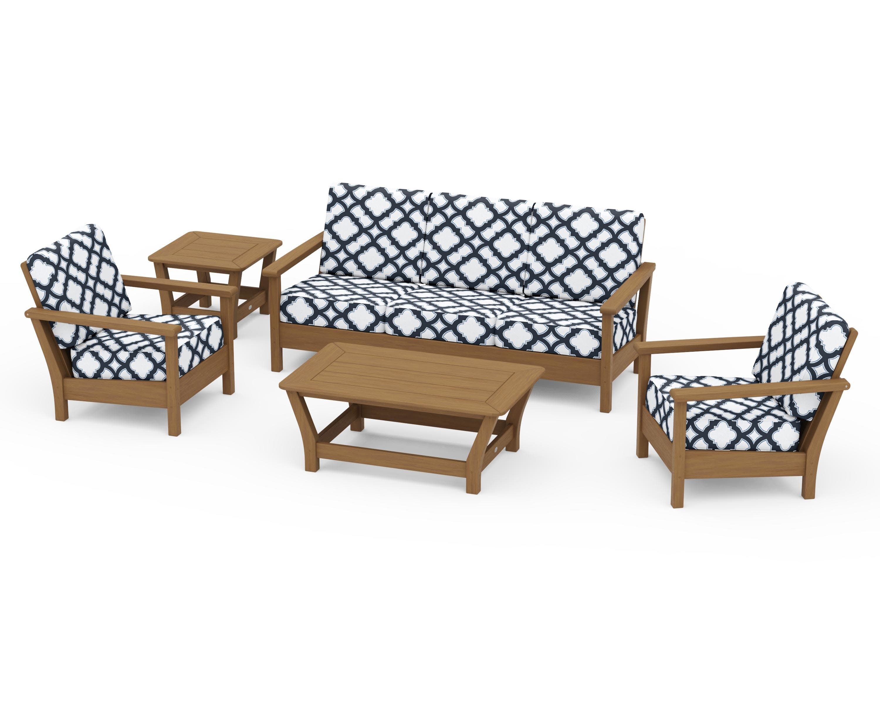 Harbour 5-Piece Deep Seating Set in Natural / Trellis Marine Indigo