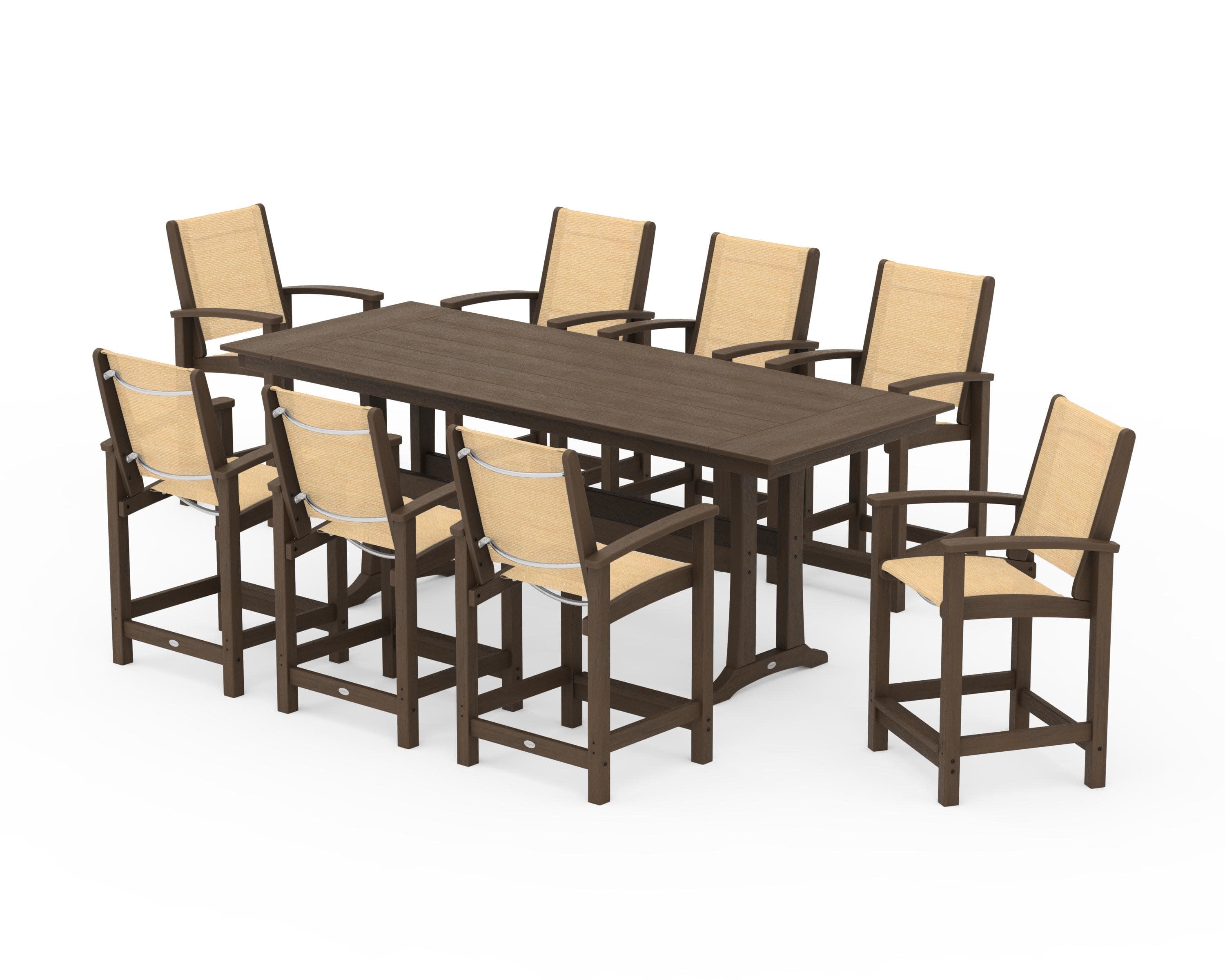 Coastal 9-Piece Farmhouse Counter Set with Trestle Legs in Kona / Dupioni Apricot Sling