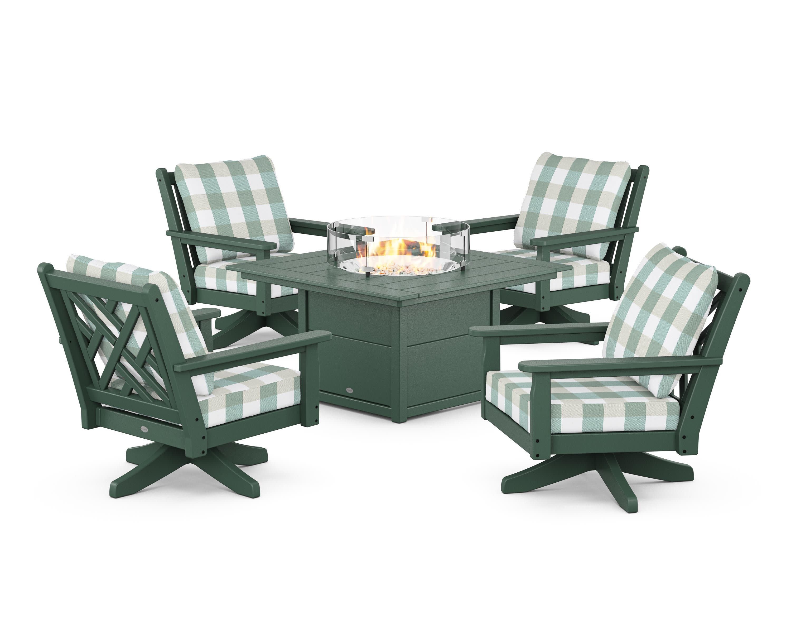 Chippendale 5-Piece Deep Seating Swivel Conversation Set with Fire Pit Table in Green / Buffalo Plaid Glacier Spa