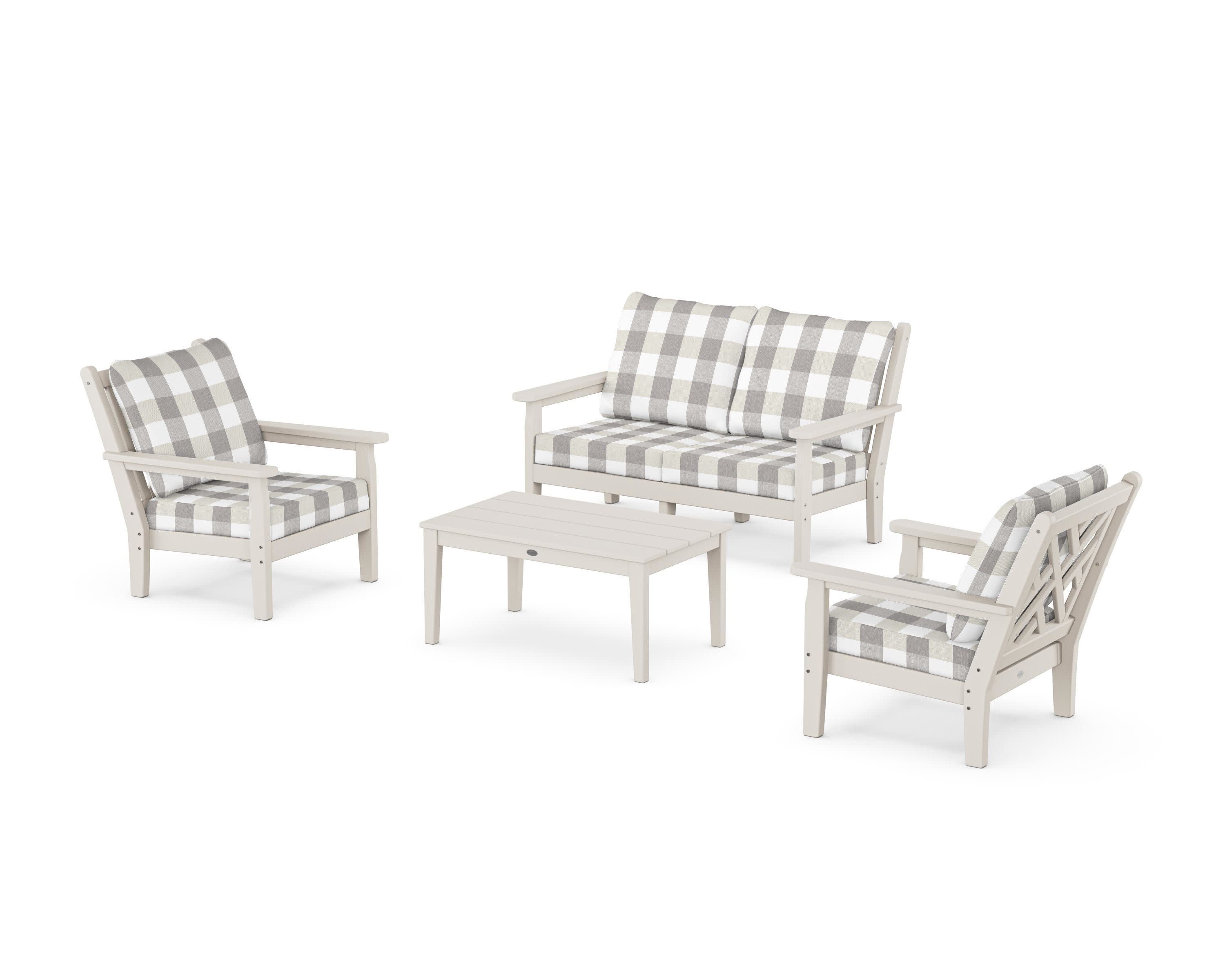 Chippendale 4-Piece Deep Seating Set with Loveseat in Sand / Buffalo Plaid Grey Mist