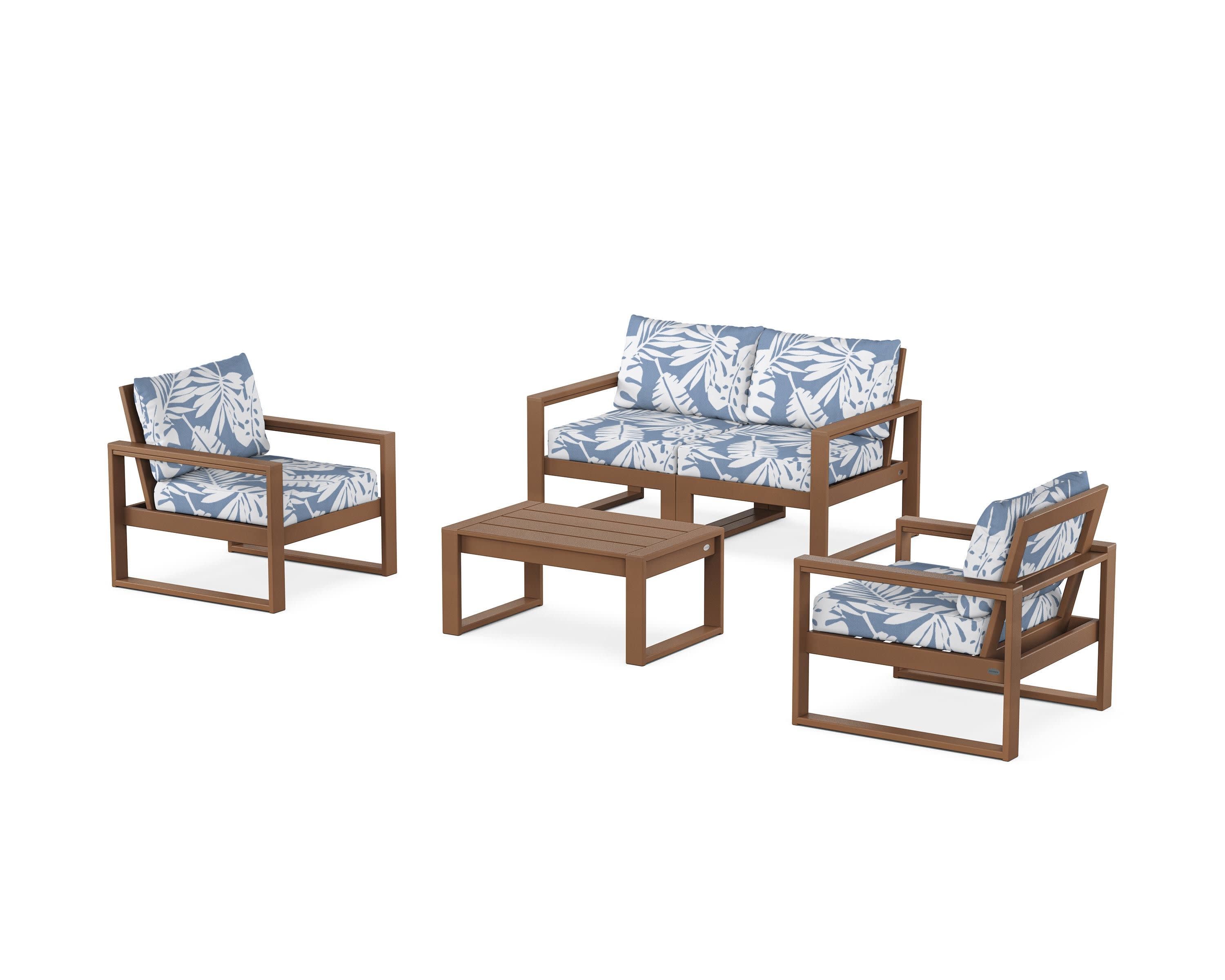 EDGE Sectional 4-Piece Deep Seating Set with Loveseat in Teak / Leaf Sky Blue