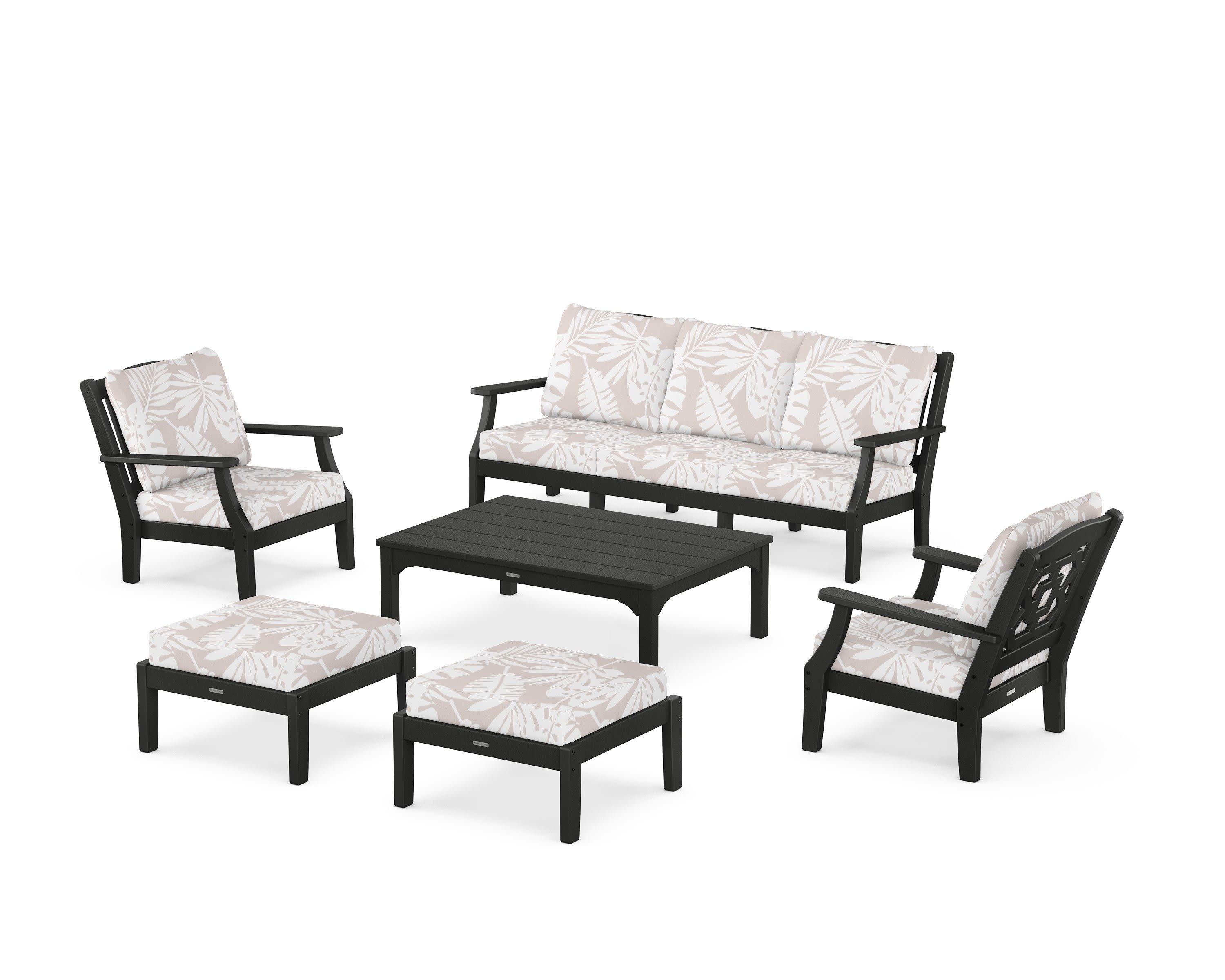 Chinoiserie 6-Piece Lounge Sofa Set in Black / Leaf Dune Burlap
