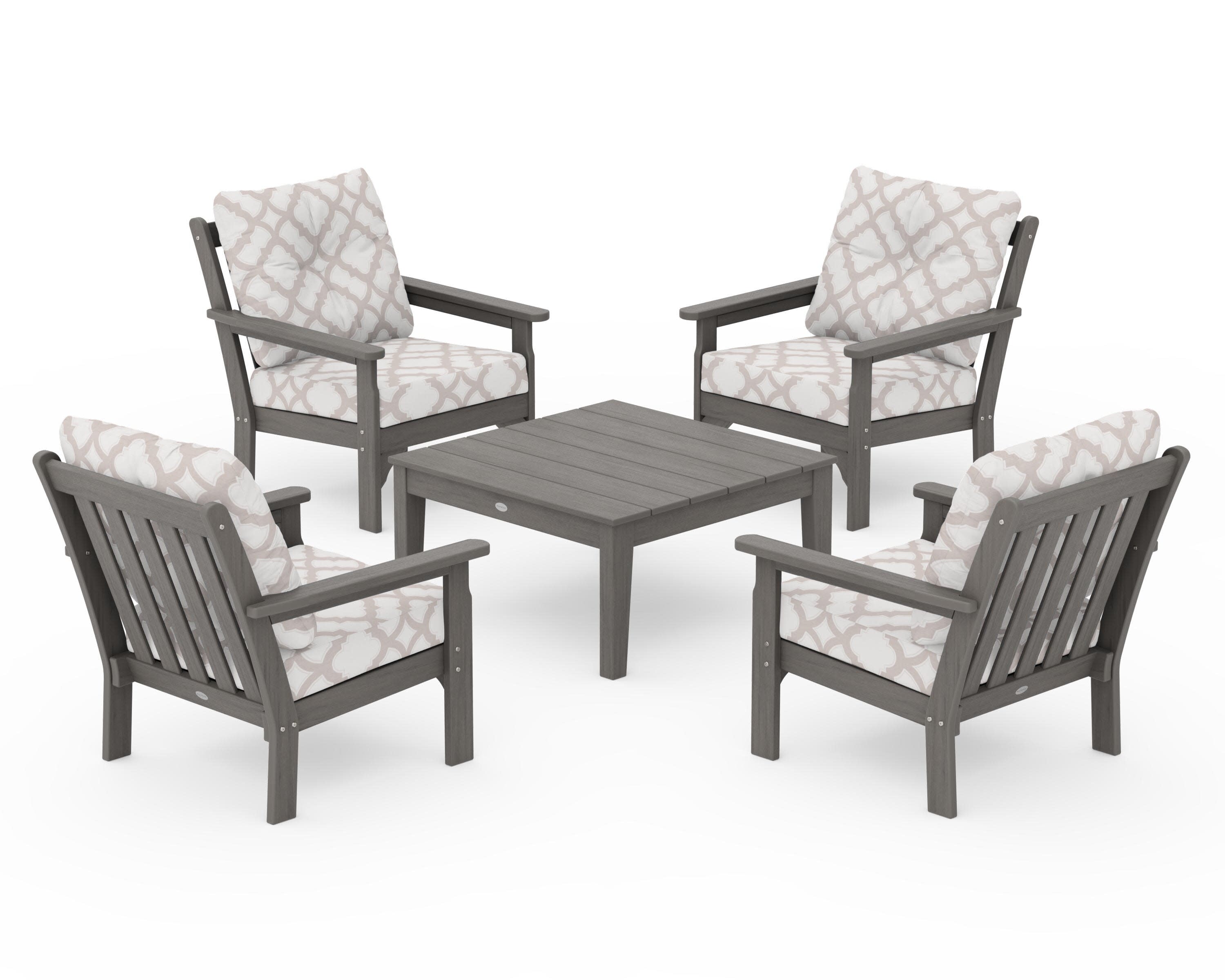 Vineyard 5-Piece Deep Seating Conversation Set in Driftwood / Trellis Dune Burlap