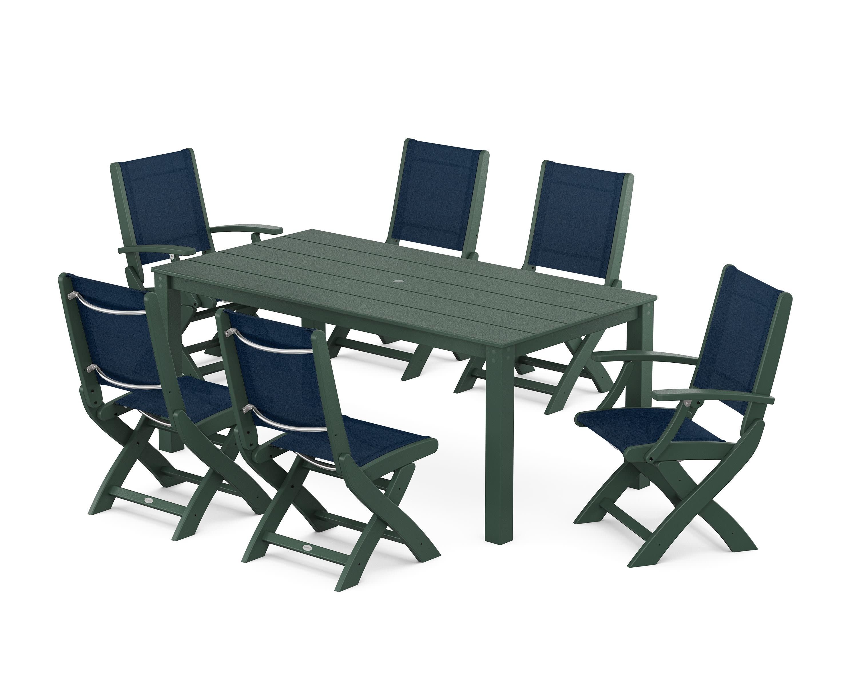 Coastal Folding Chair 7-Piece Parsons Dining Set in Green / Navy Blue Sling